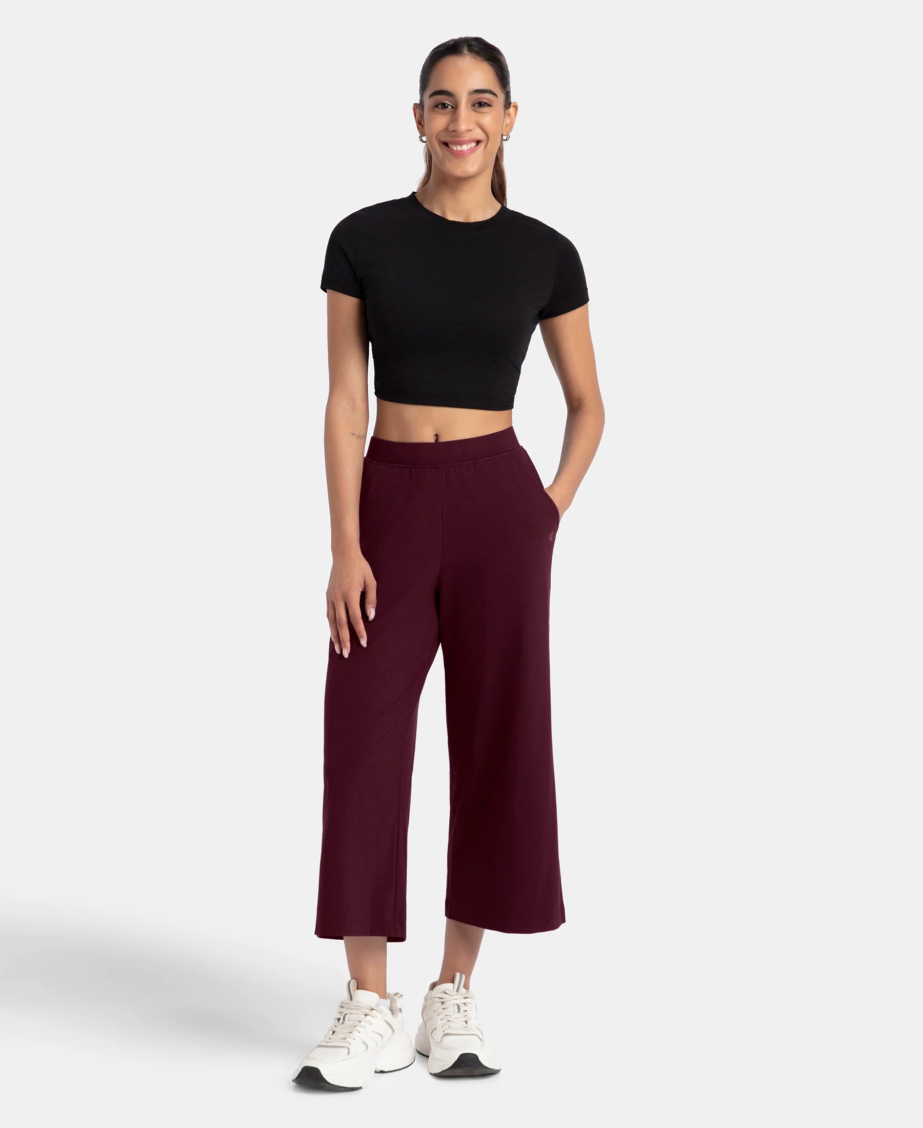 Super Combed Cotton Rich Elastane Stretch Relaxed Fit Culottes - Wine Tasting - Image 4