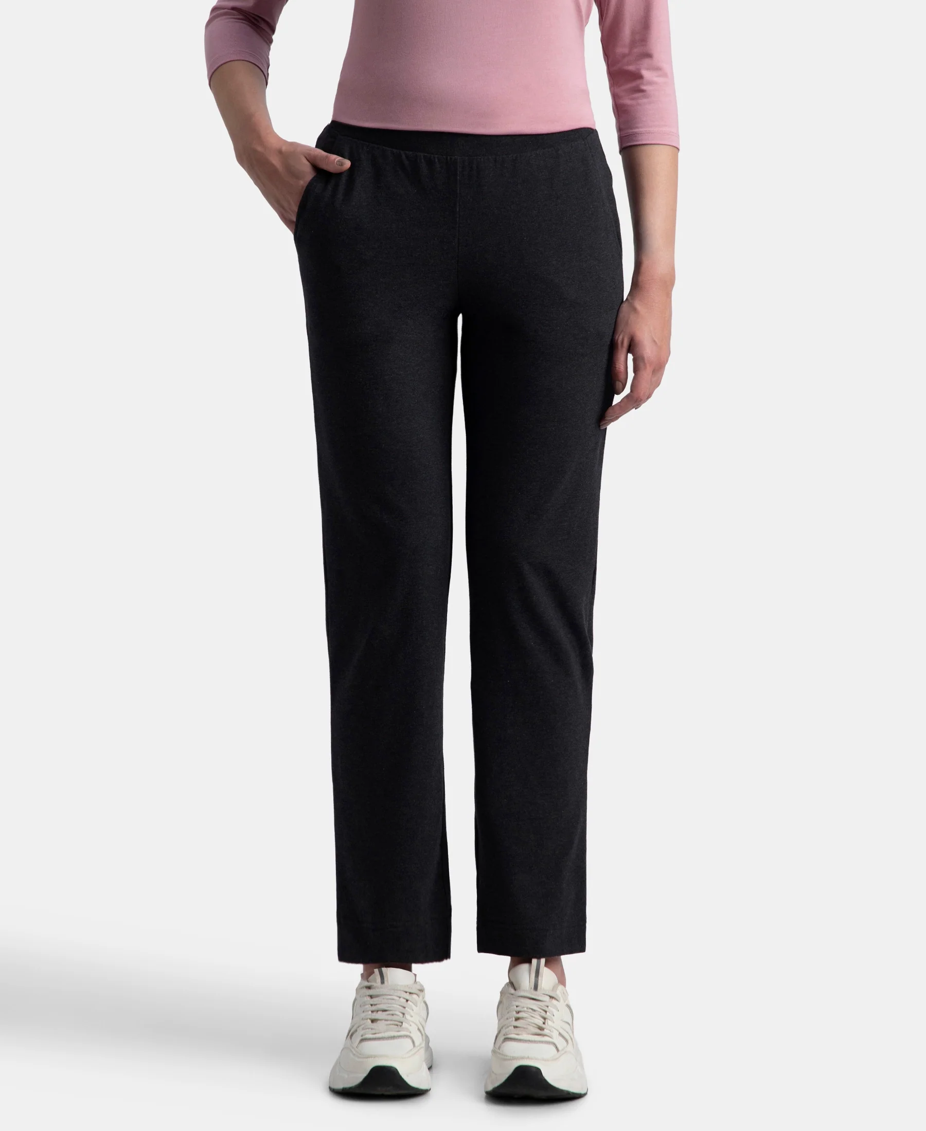 Super Combed Cotton Elastane Stretch Relaxed Fit Trackpants With Side Pockets - Black Melange