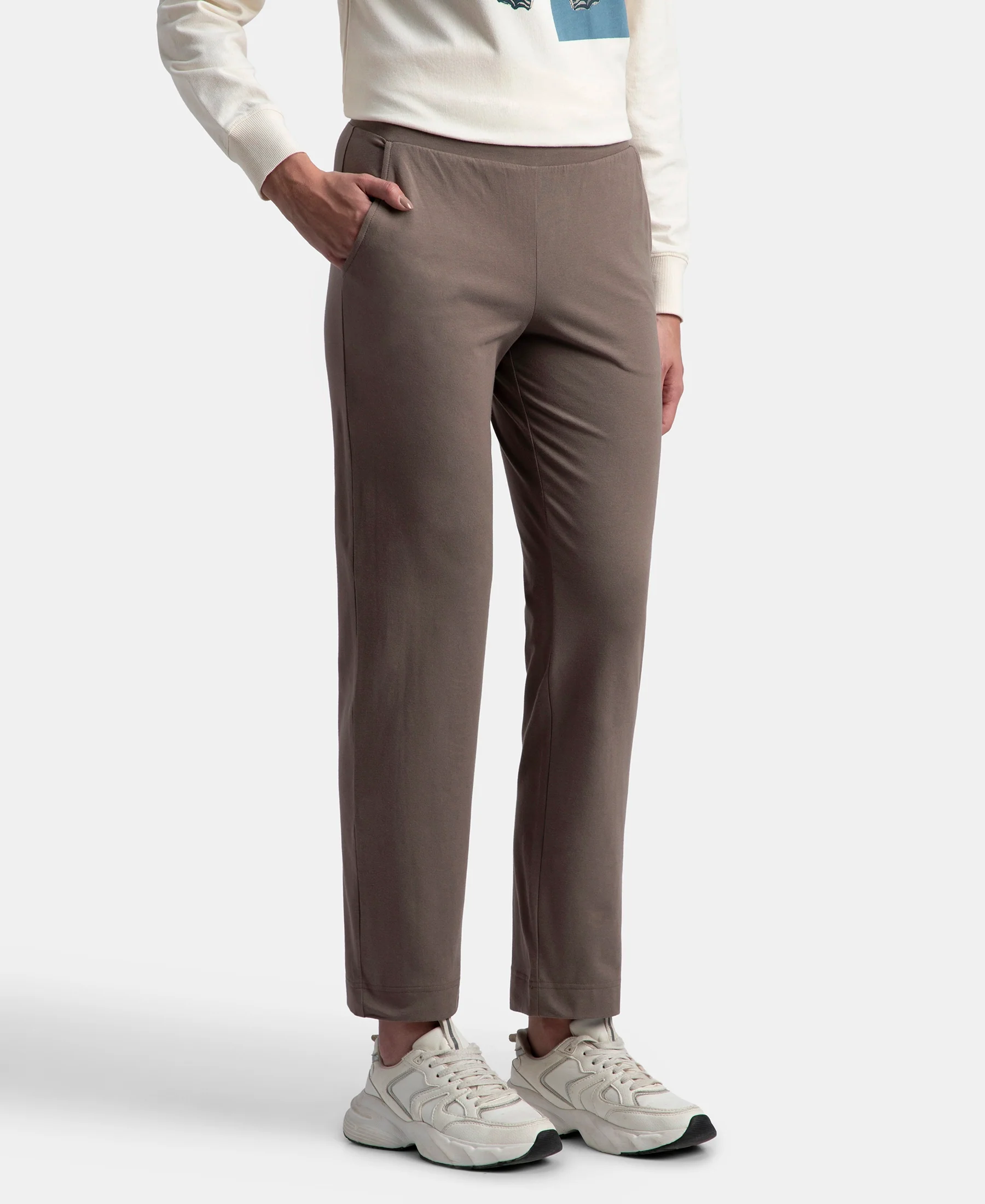 Super Combed Cotton Elastane Stretch Relaxed Fit Trackpants With Side Pockets - Dark Khaki - Image 2