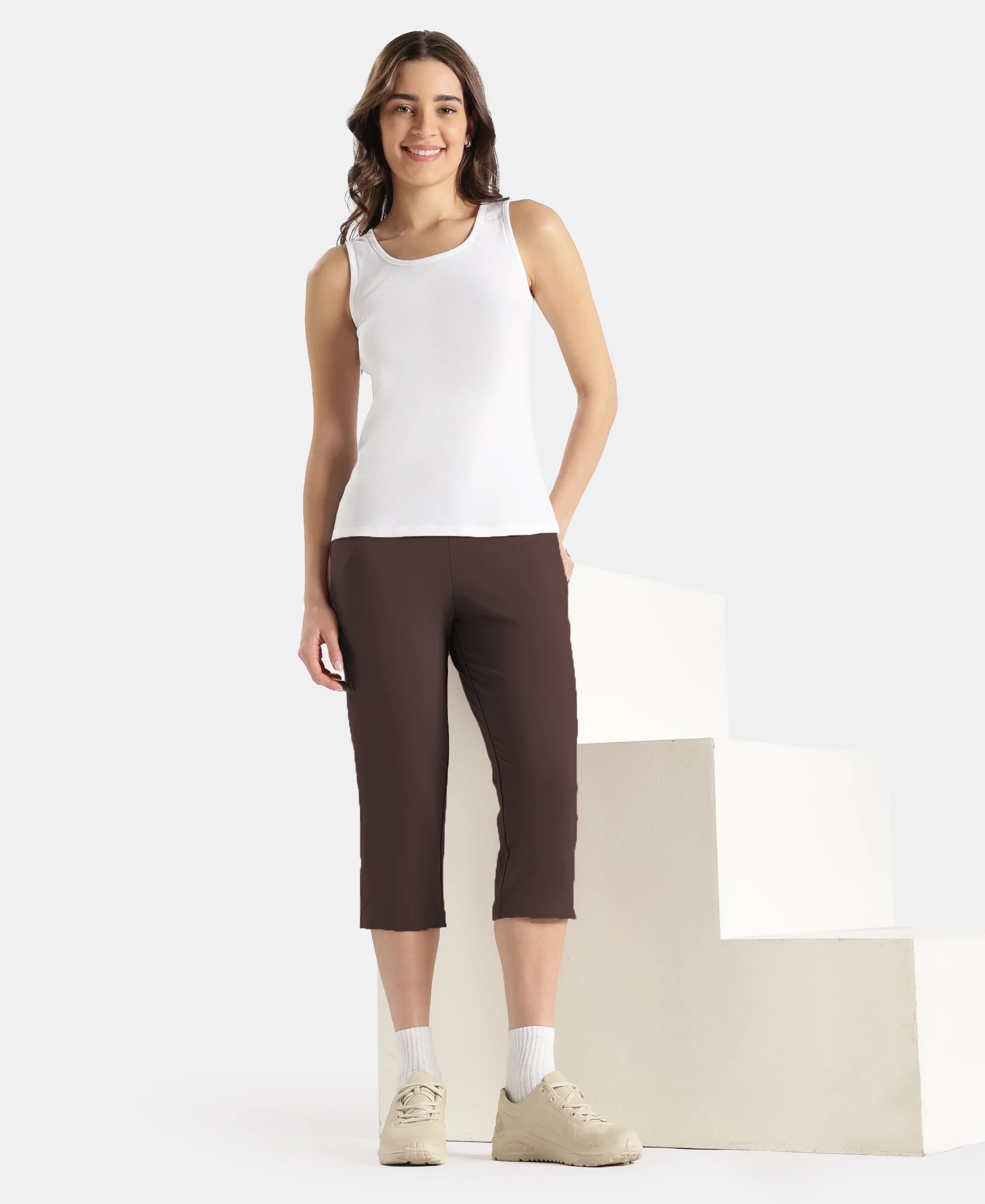 Super Combed Cotton Elastane Stretch Slim Fit Capri with Side Pockets - Coffee - Image 4