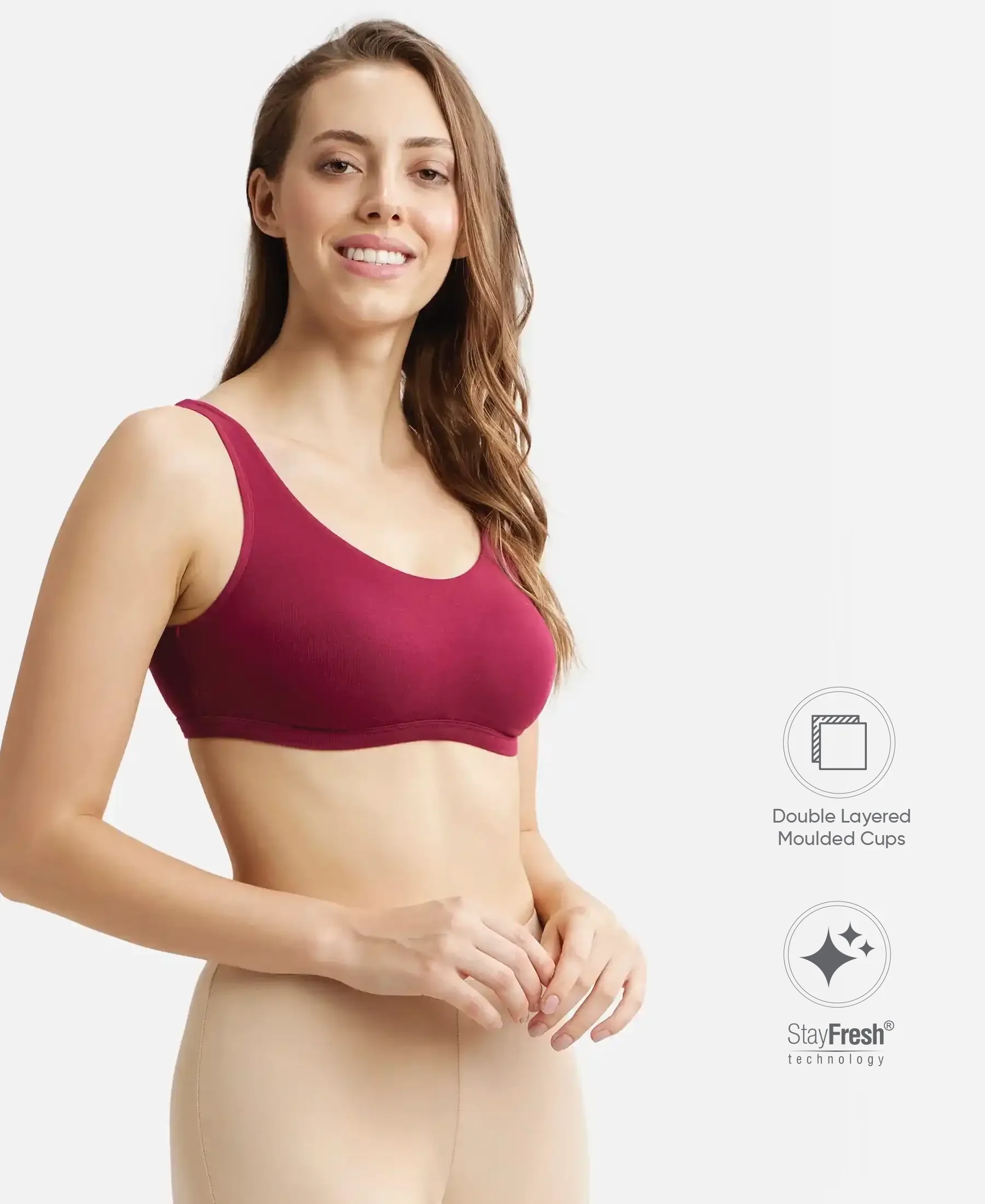 Super Combed Cotton Elastane Stretch Slip On Lounge Bra With StayFresh Treatment - Beet Red - Image 2
