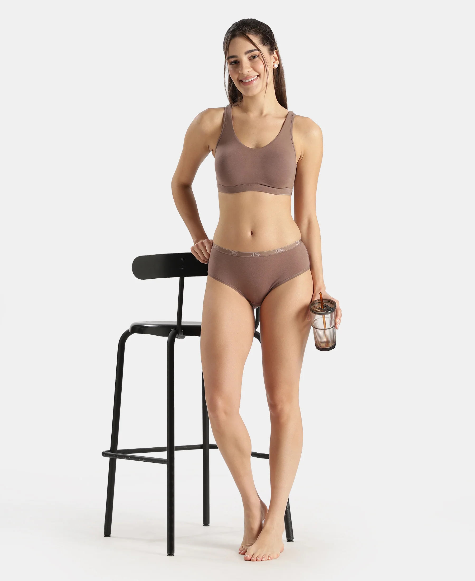 Super Combed Cotton Elastane Stretch Slip On Lounge Bra With StayFresh Treatment - Deep Taupe - Image 6