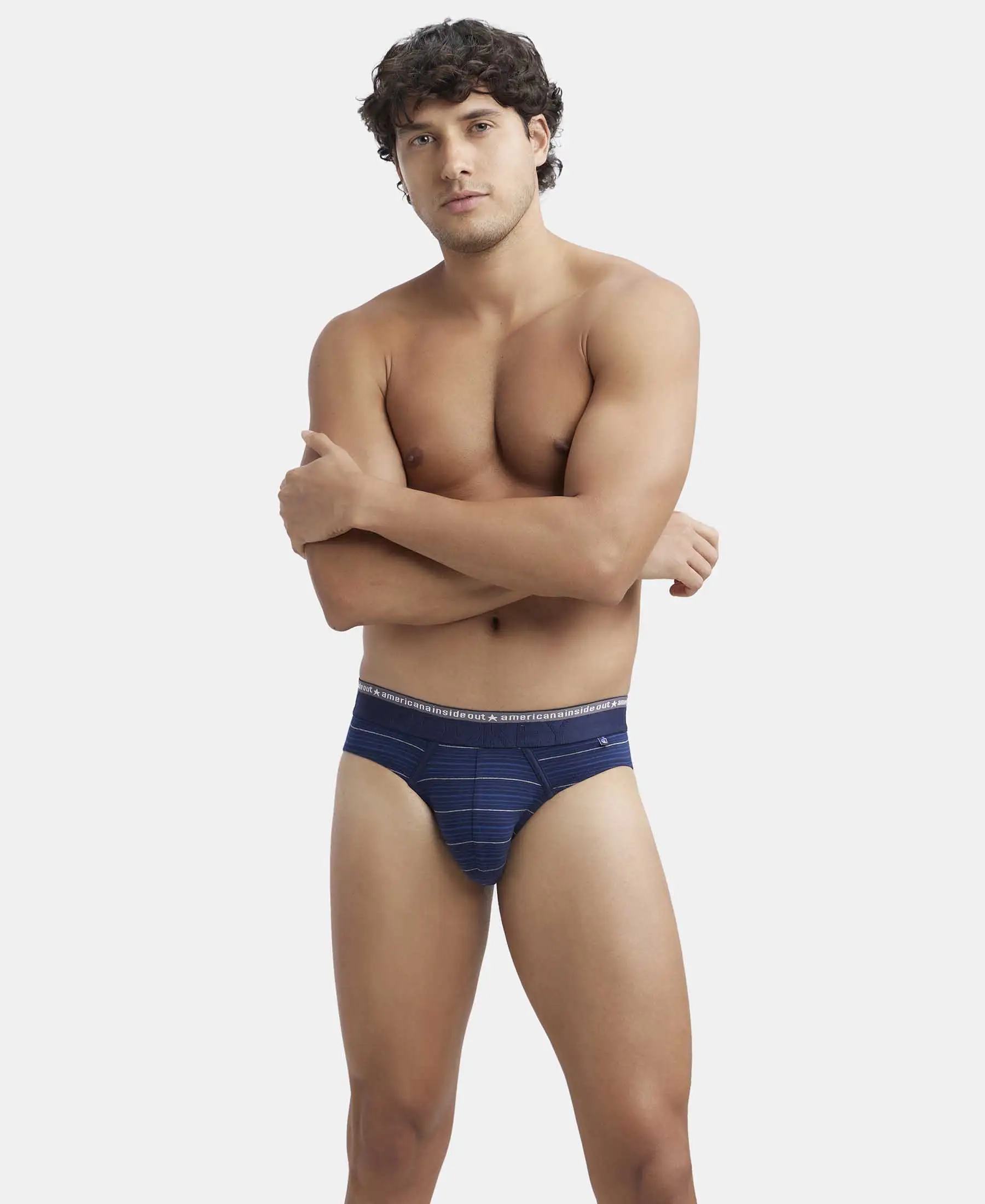 Super Combed Cotton Elastane Stretch Striped Brief with Ultrasoft Waistband - Navy - Image 5