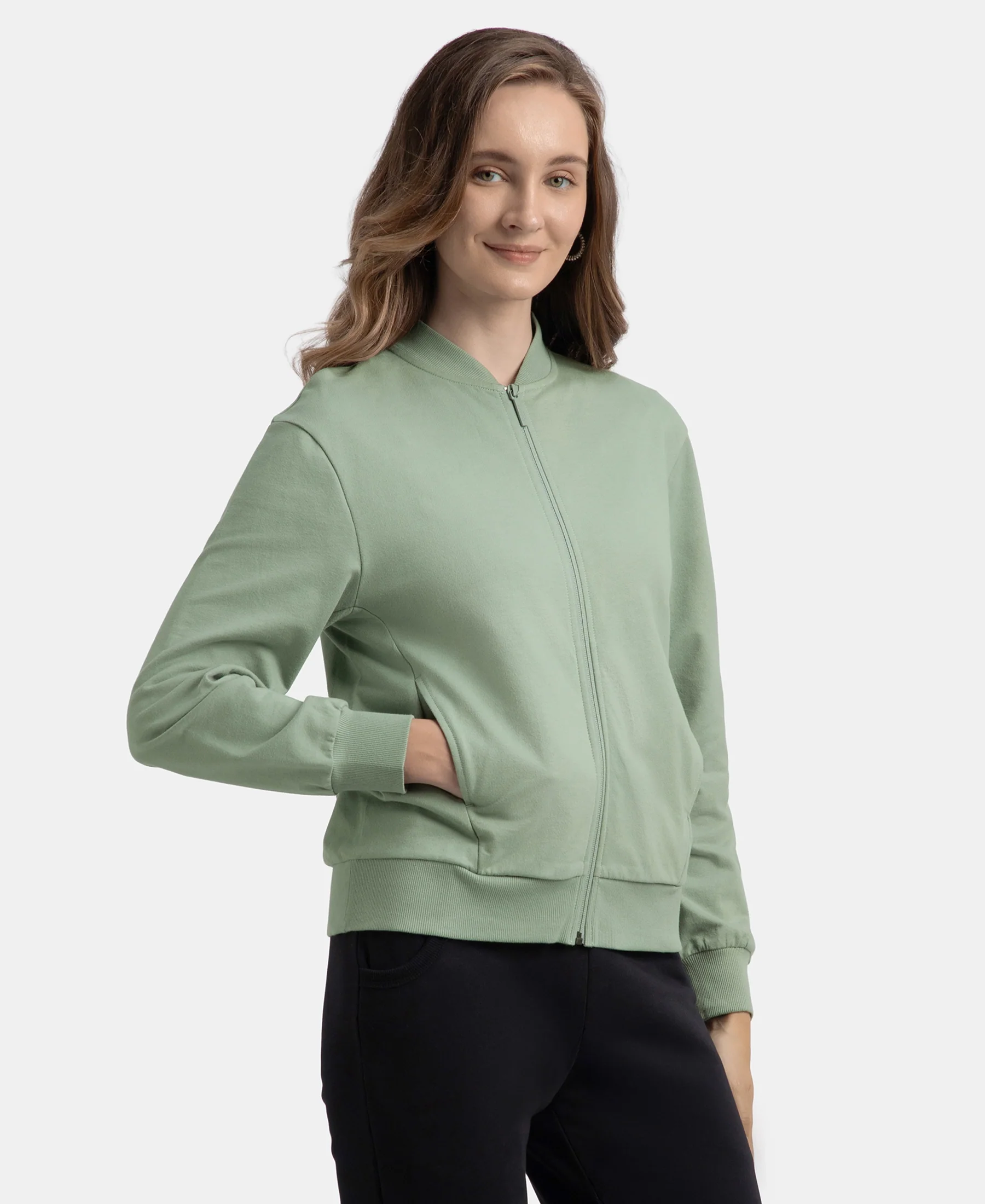 Super Combed Cotton French Terry Drop Shoulder Styled Jacket with Ribbed Cuff and Hem - Iceberg Green - Image 2