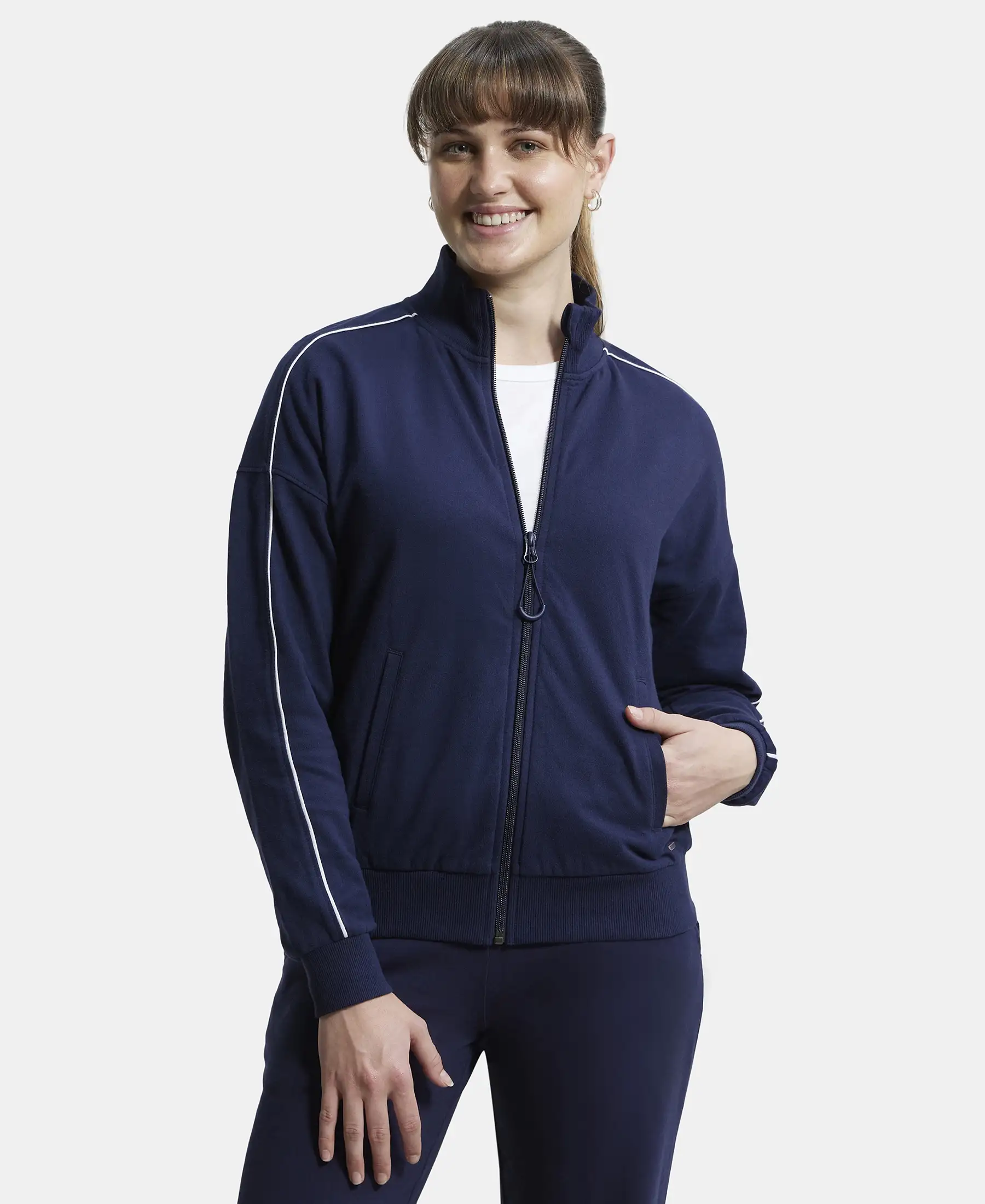 Super Combed Cotton French Terry Drop Shoulder Styled Jacket with Ribbed Cuff and Hem - Navy Blazer