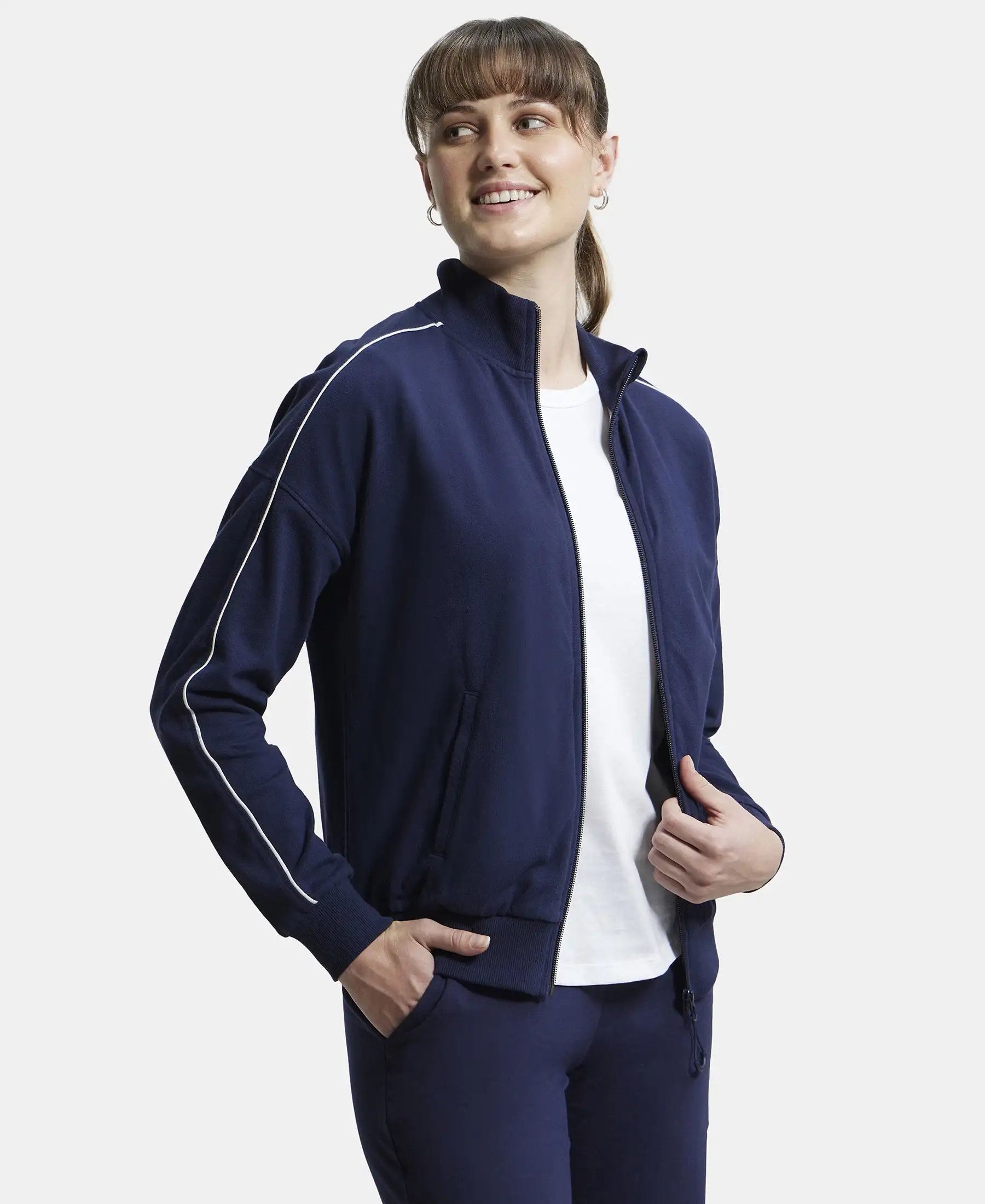Super Combed Cotton French Terry Drop Shoulder Styled Jacket with Ribbed Cuff and Hem - Navy Blazer - Image 2