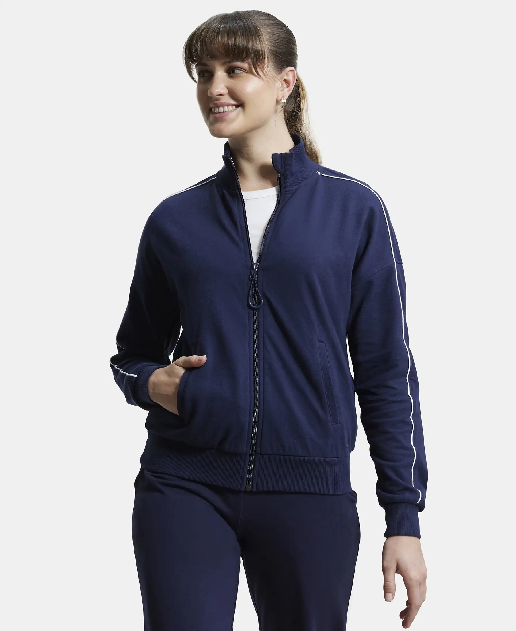 Super Combed Cotton French Terry Drop Shoulder Styled Jacket with Ribbed Cuff and Hem - Navy Blazer - Image 5