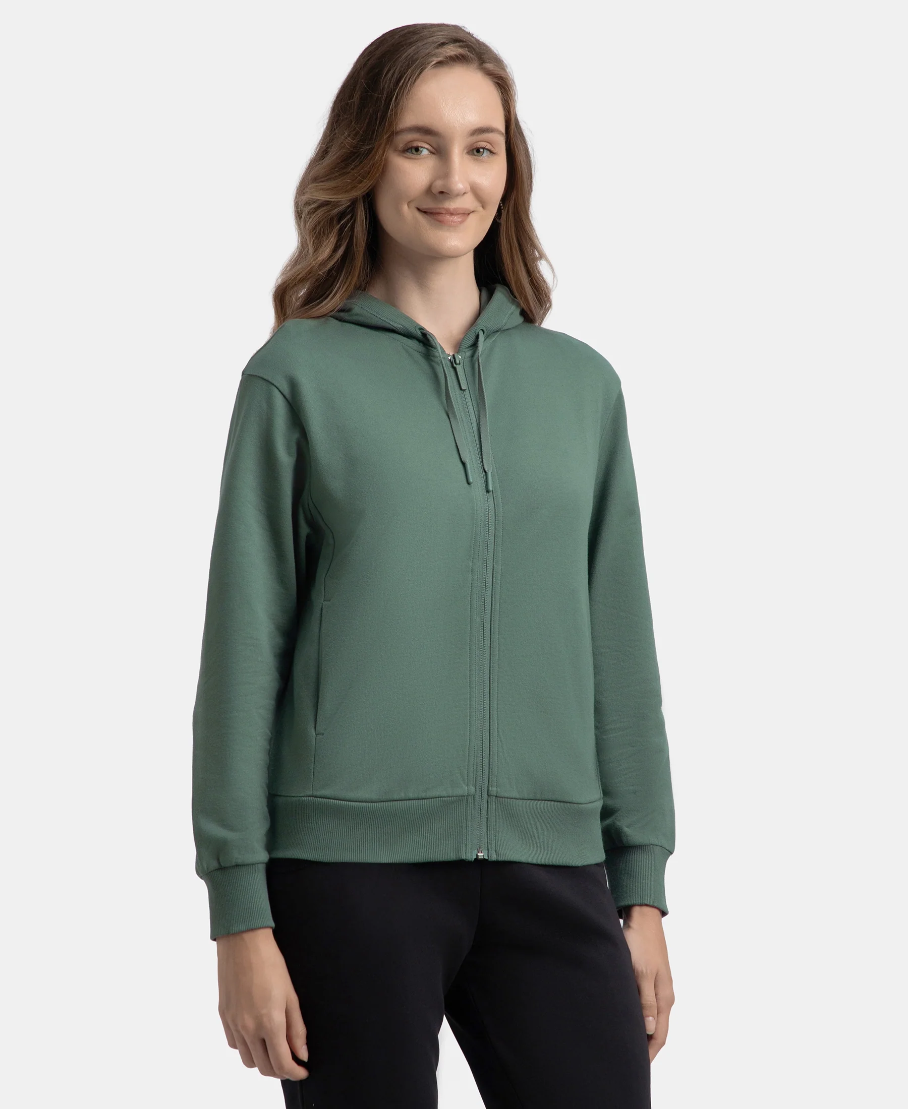 Super Combed Cotton French Terry Fabric Hoodie Jacket with Side Pockets - Balsam Green - Image 2
