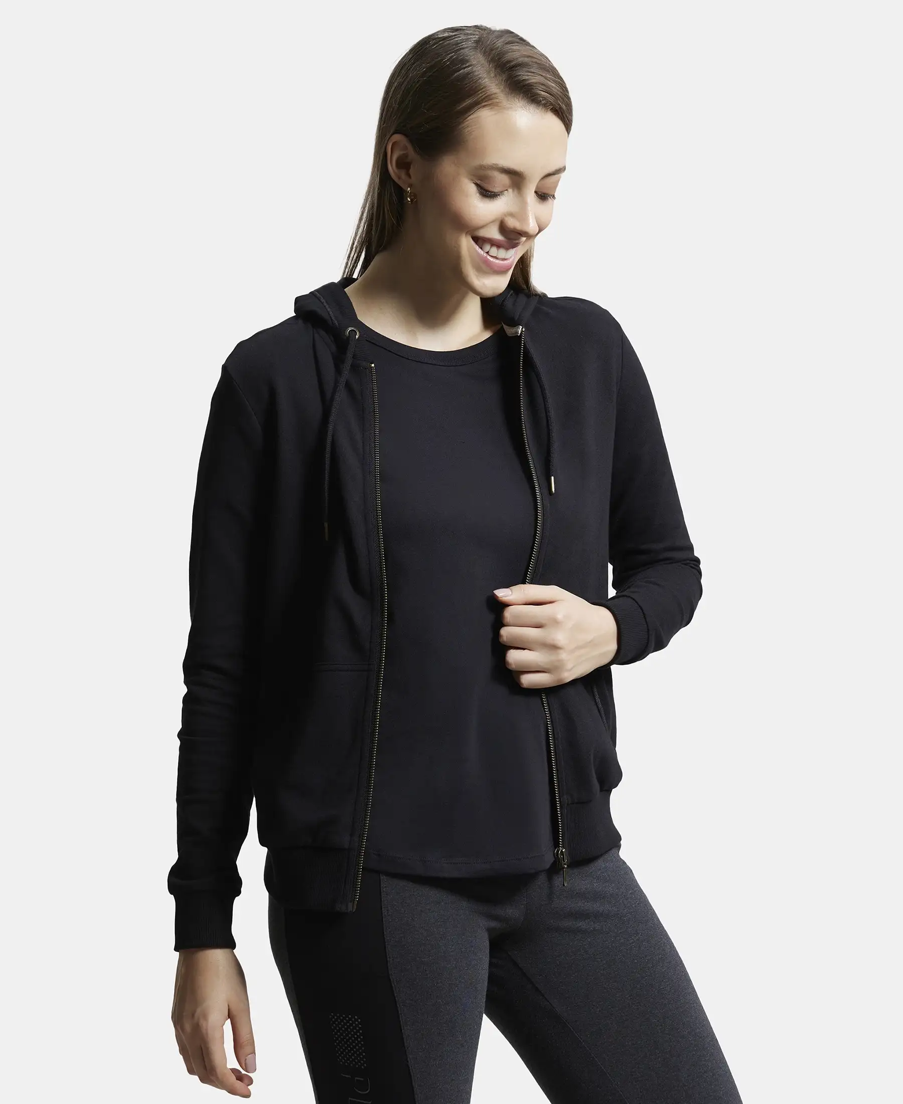 Super Combed Cotton French Terry Fabric Hoodie Jacket with Side Pockets - Black - Image 2