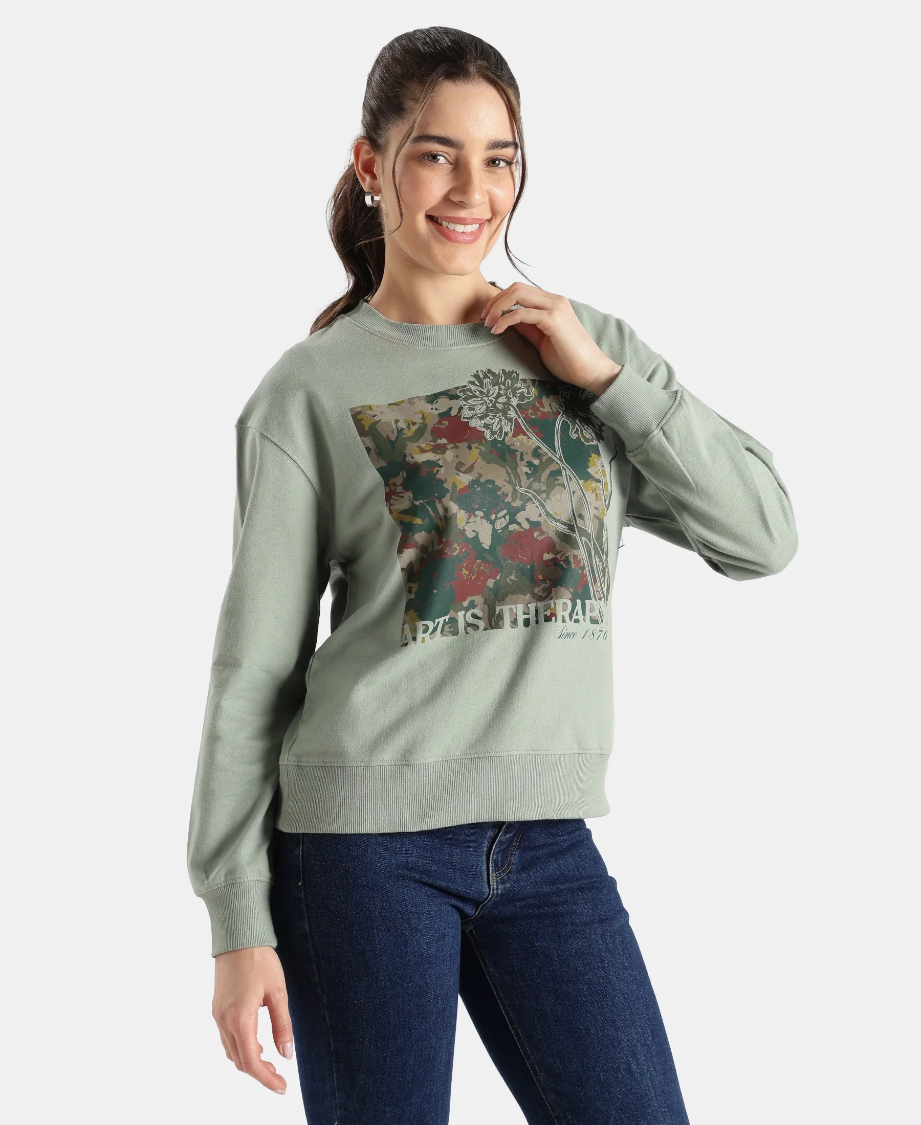 Super Combed Cotton French Terry Fabric Printed Sweatshirt - Iceberg Green - Image 2