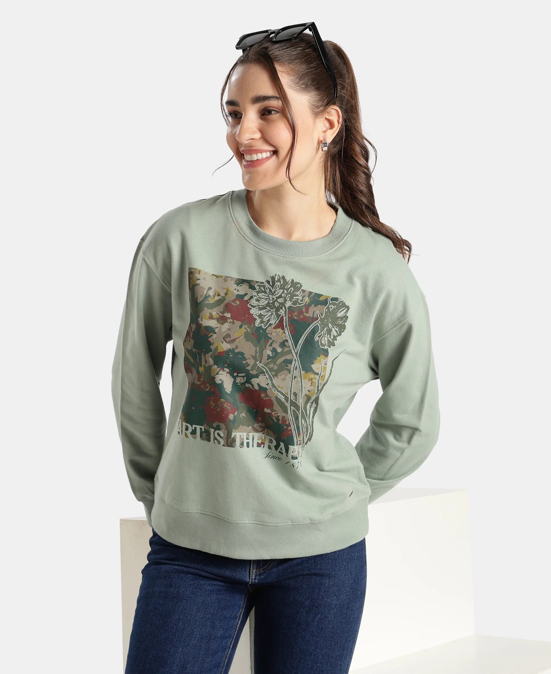 Super Combed Cotton French Terry Fabric Printed Sweatshirt - Iceberg Green - Image 5