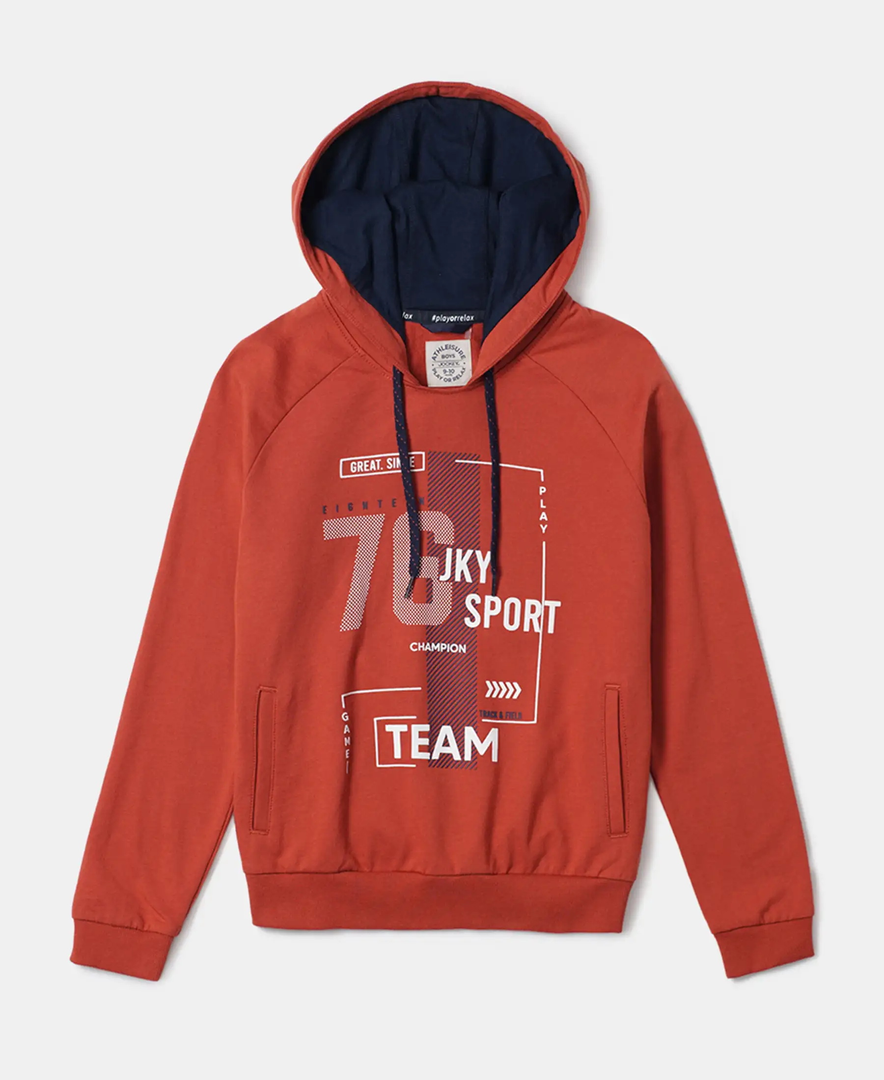Boy's Super Combed Cotton French Terry Graphic Printed Hoodie Sweatshirt - Cinnabar
