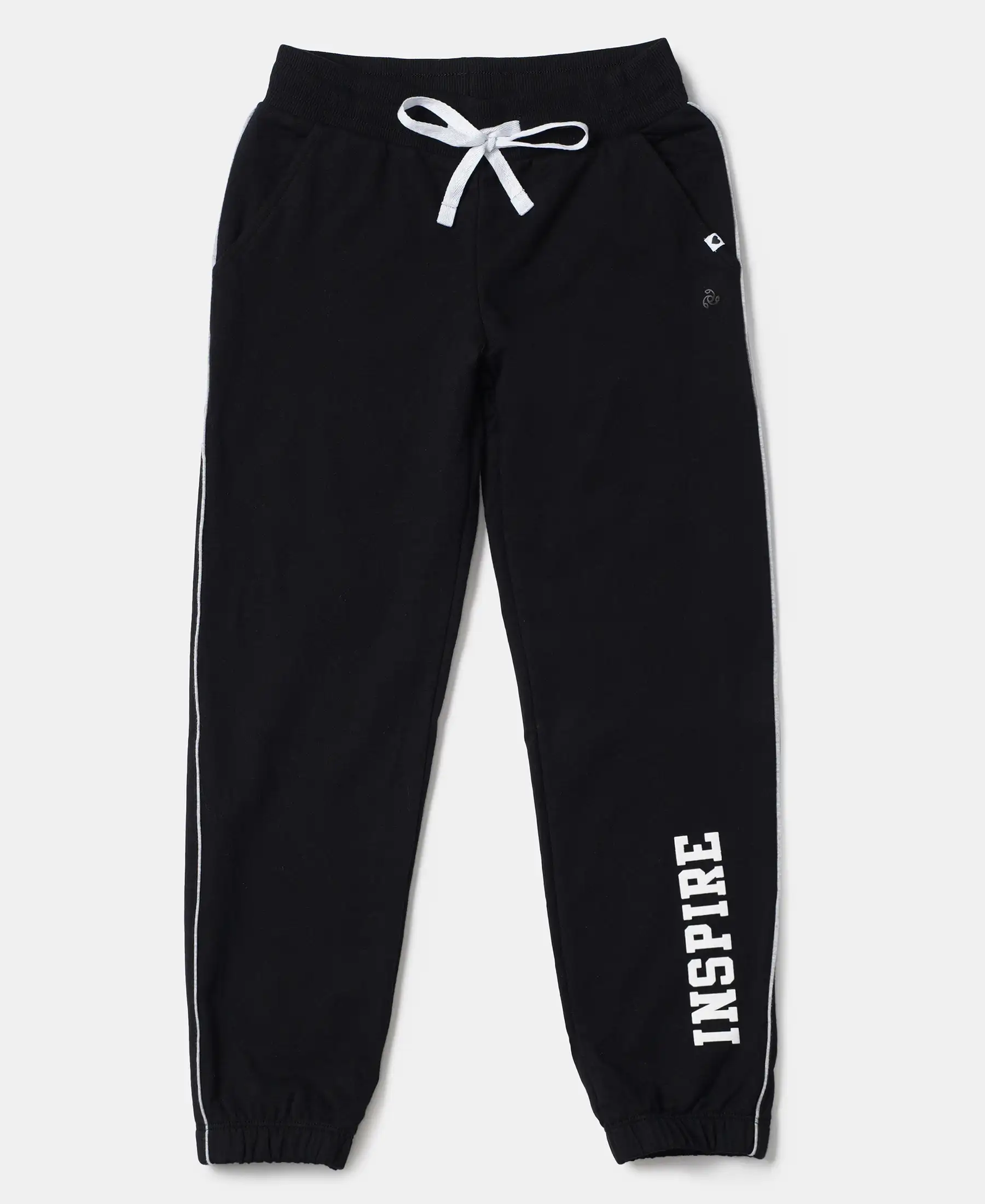 Girl's Super Combed Cotton French Terry Graphic Printed Relaxed Fit Joggers - Black