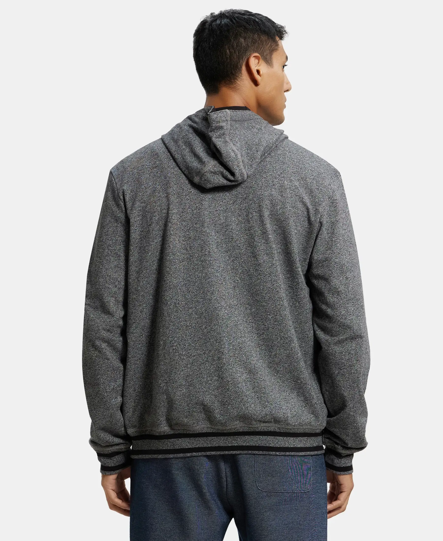 Super Combed Cotton French Terry Hoodie Jacket with Ribbed Cuffs - Black Grindle - Image 3