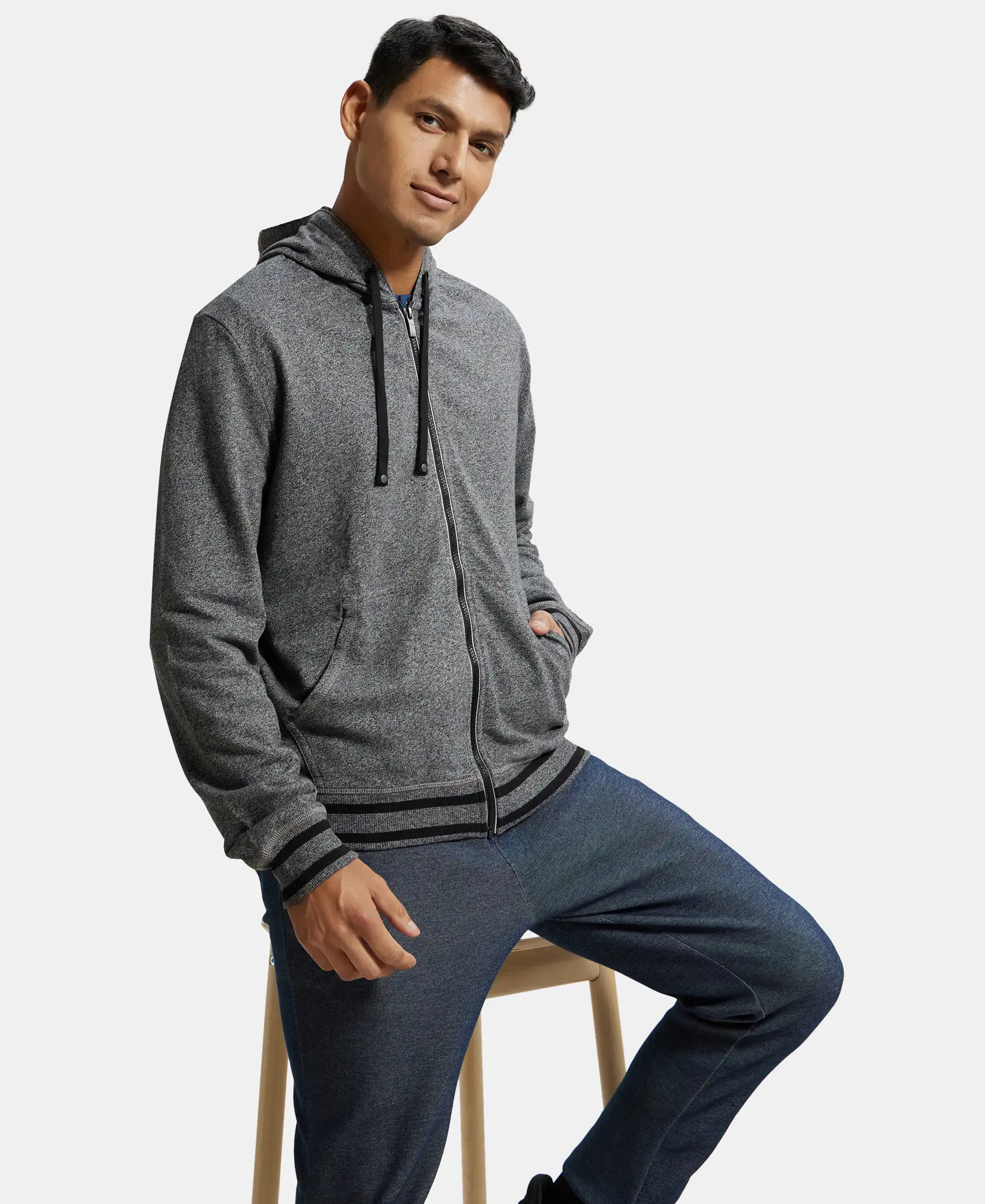Super Combed Cotton French Terry Hoodie Jacket with Ribbed Cuffs - Black Grindle - Image 6