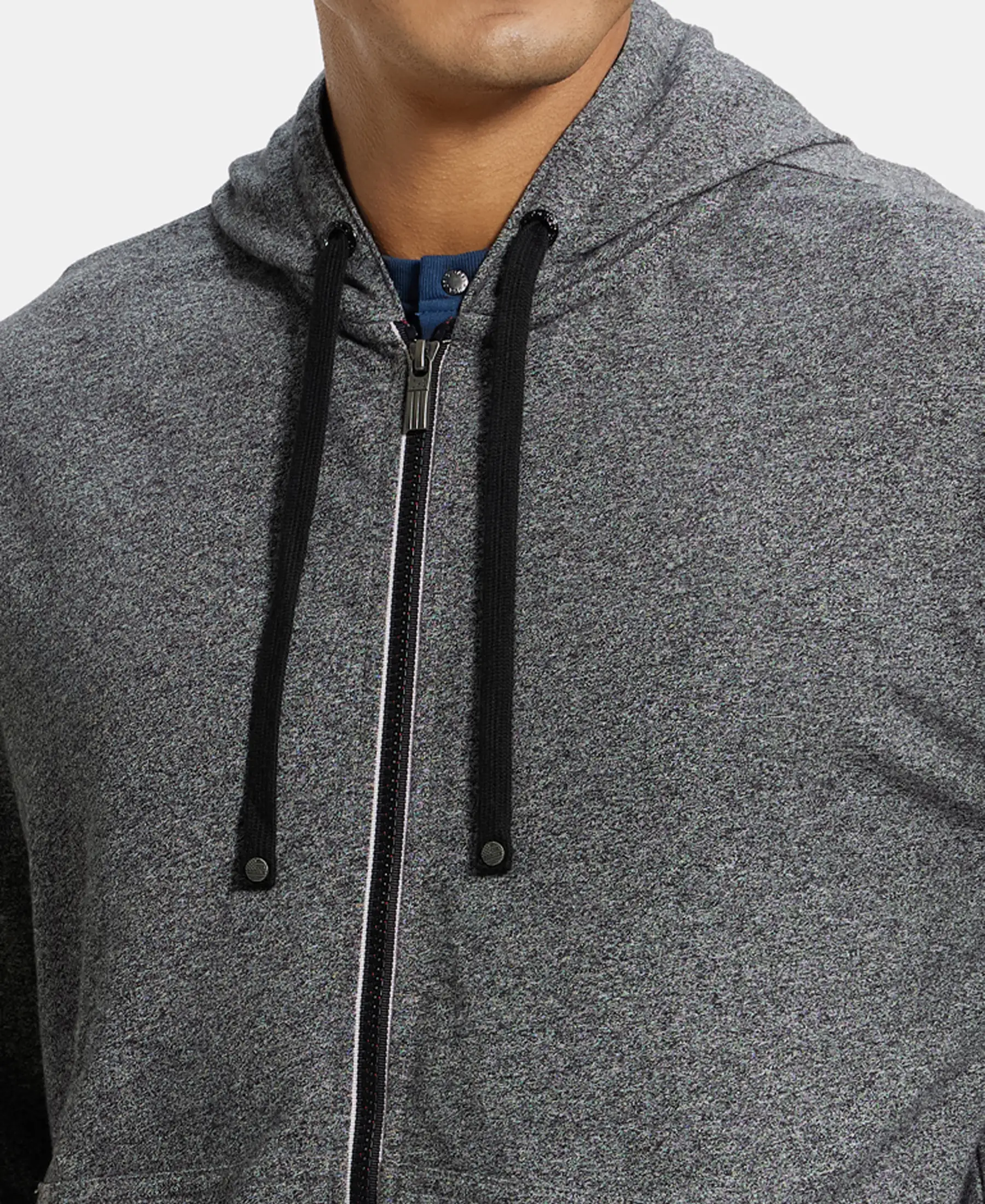 Super Combed Cotton French Terry Hoodie Jacket with Ribbed Cuffs - Black Grindle - Image 7