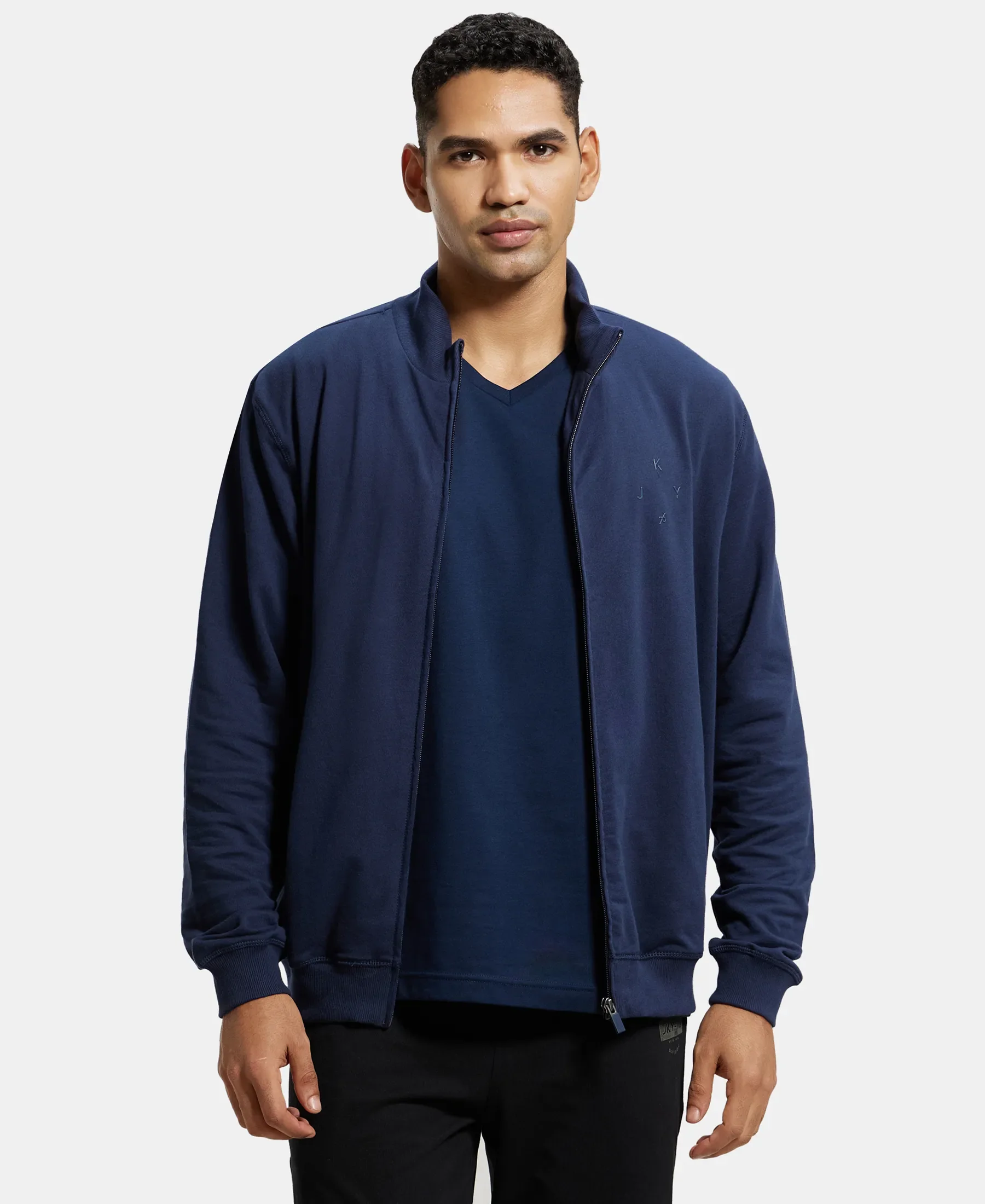 Super Combed Cotton French Terry Jacket with Ribbed Cuffs - Navy