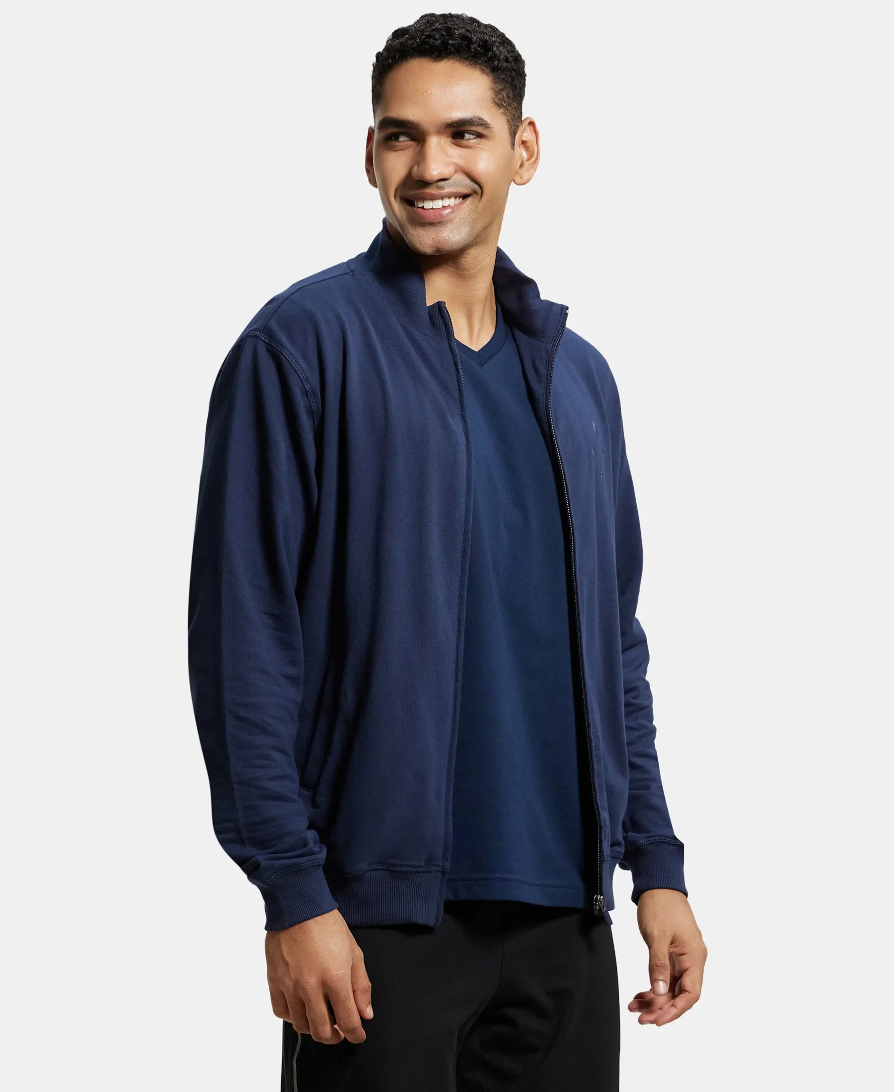 Super Combed Cotton French Terry Jacket with Ribbed Cuffs - Navy - Image 2