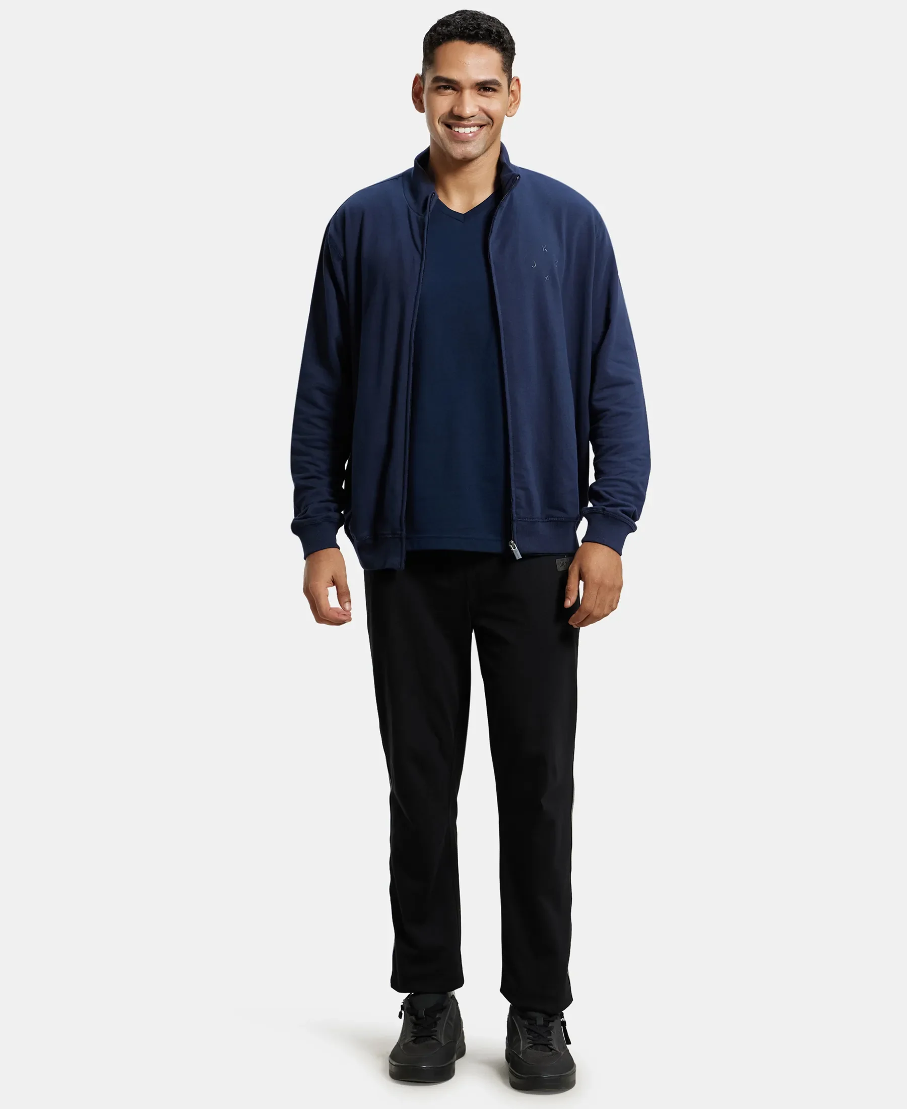 Super Combed Cotton French Terry Jacket with Ribbed Cuffs - Navy - Image 4