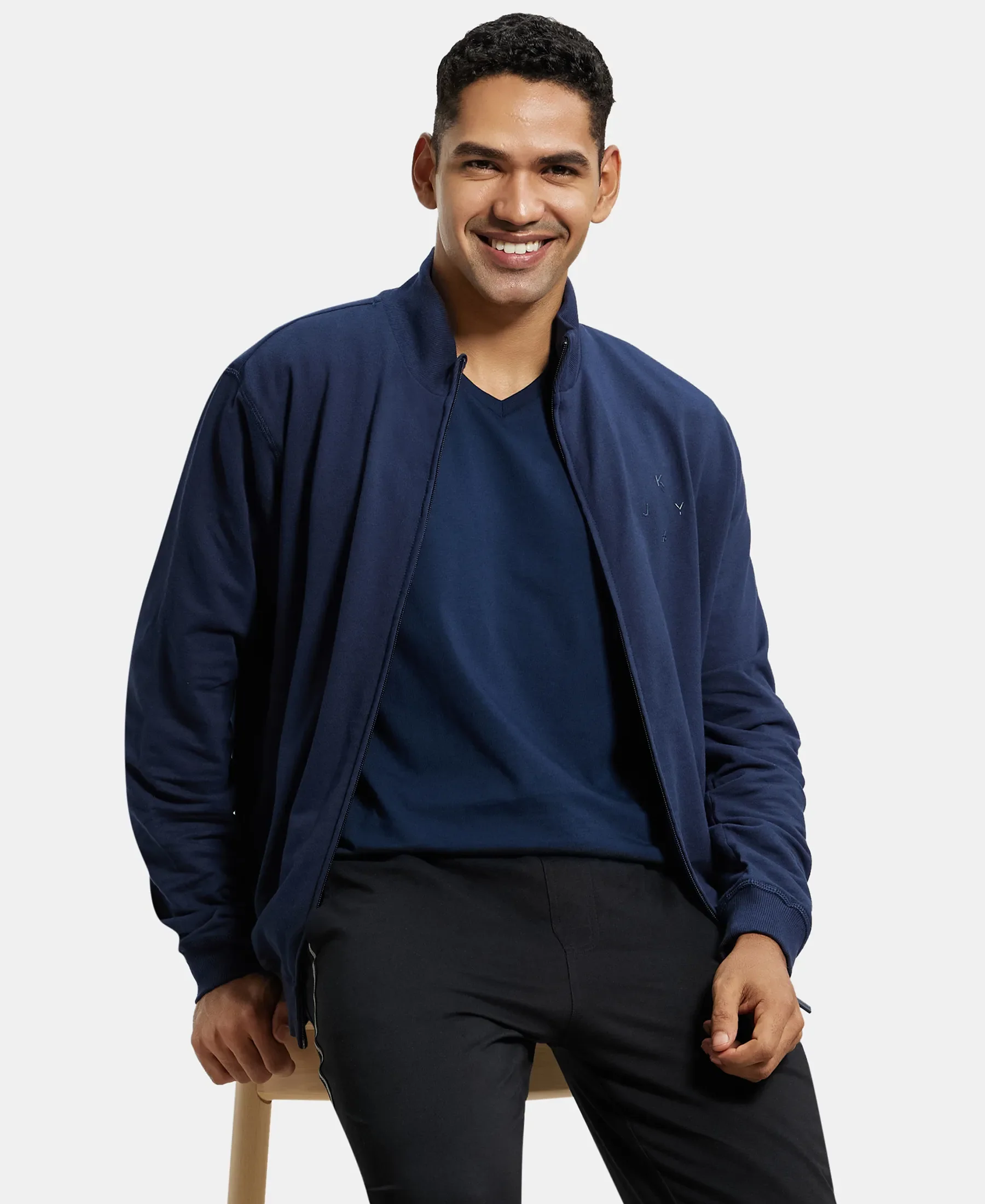 Super Combed Cotton French Terry Jacket with Ribbed Cuffs - Navy - Image 5