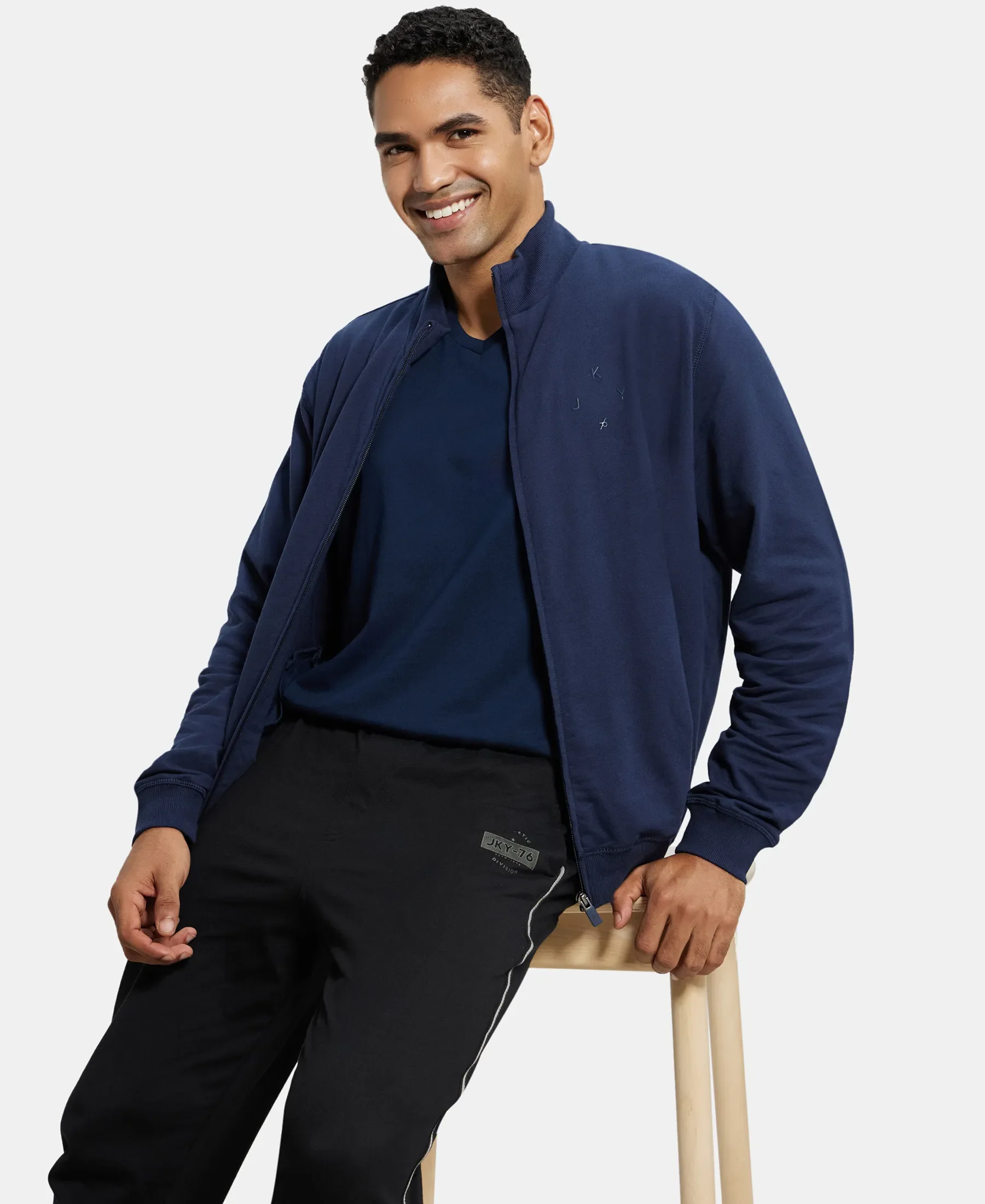 Super Combed Cotton French Terry Jacket with Ribbed Cuffs - Navy - Image 6