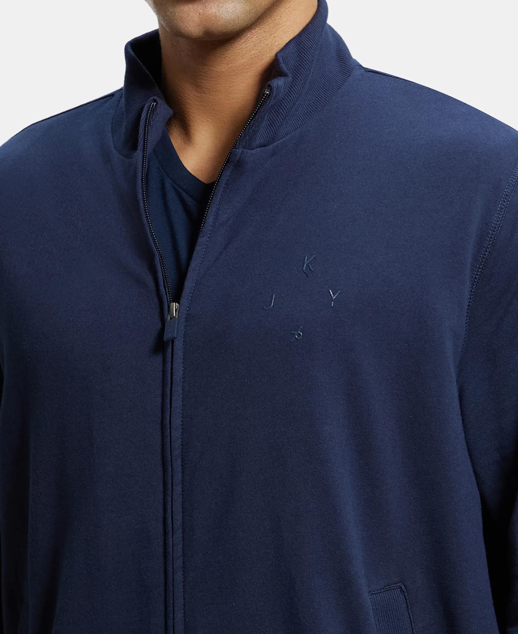 Super Combed Cotton French Terry Jacket with Ribbed Cuffs - Navy - Image 7