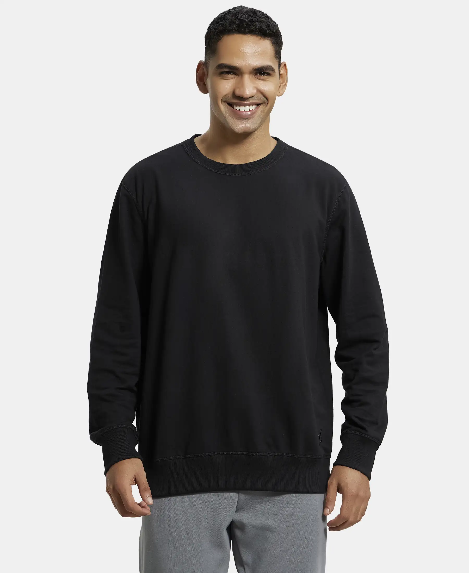 Super Combed Cotton French Terry Solid Sweatshirt with Ribbed Cuffs - Black