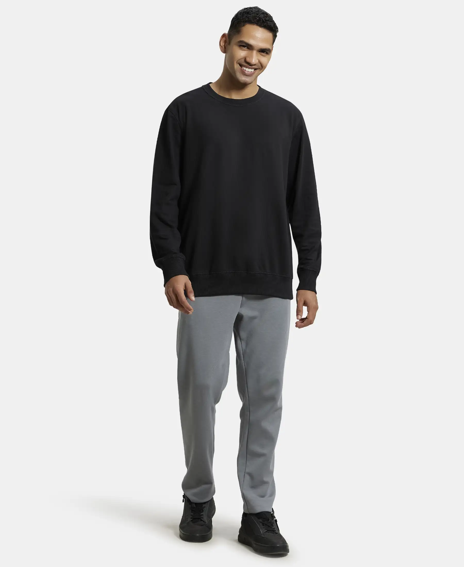 Super Combed Cotton French Terry Solid Sweatshirt with Ribbed Cuffs - Black - Image 4