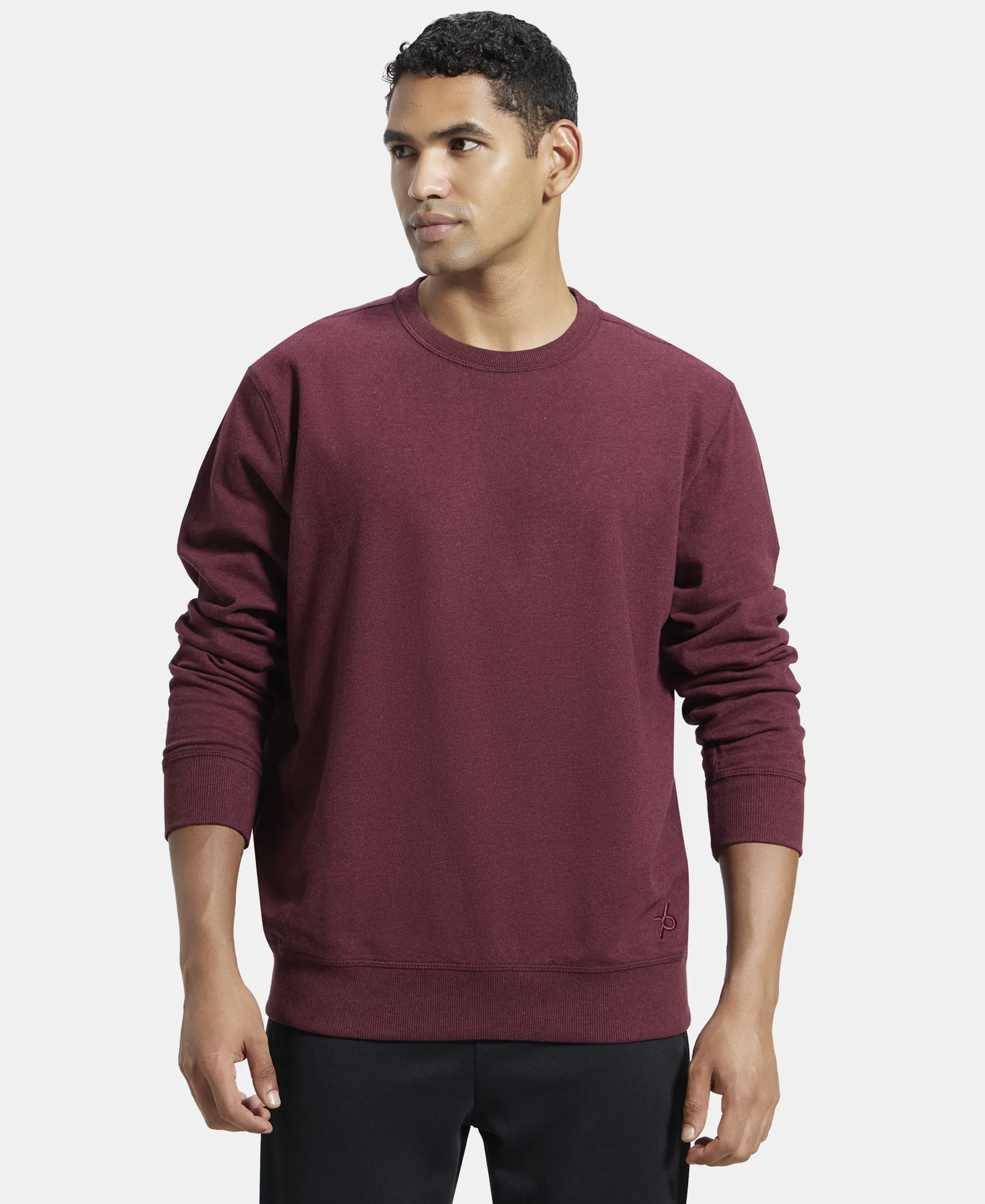 Super Combed Cotton French Terry Solid Sweatshirt with Ribbed Cuffs - Burgundy Melange