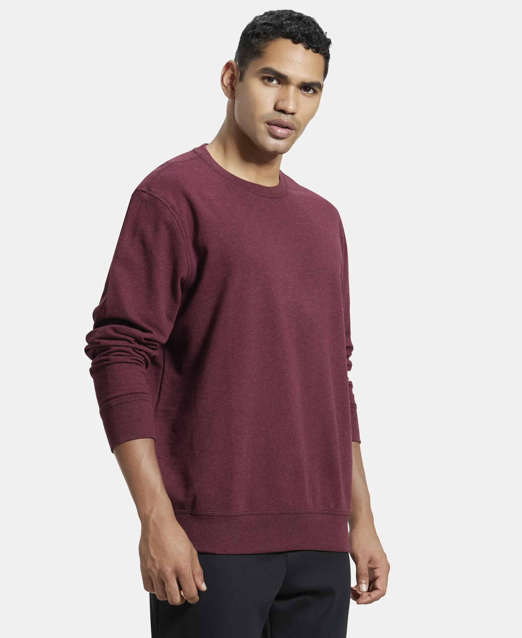 Super Combed Cotton French Terry Solid Sweatshirt with Ribbed Cuffs - Burgundy Melange - Image 2