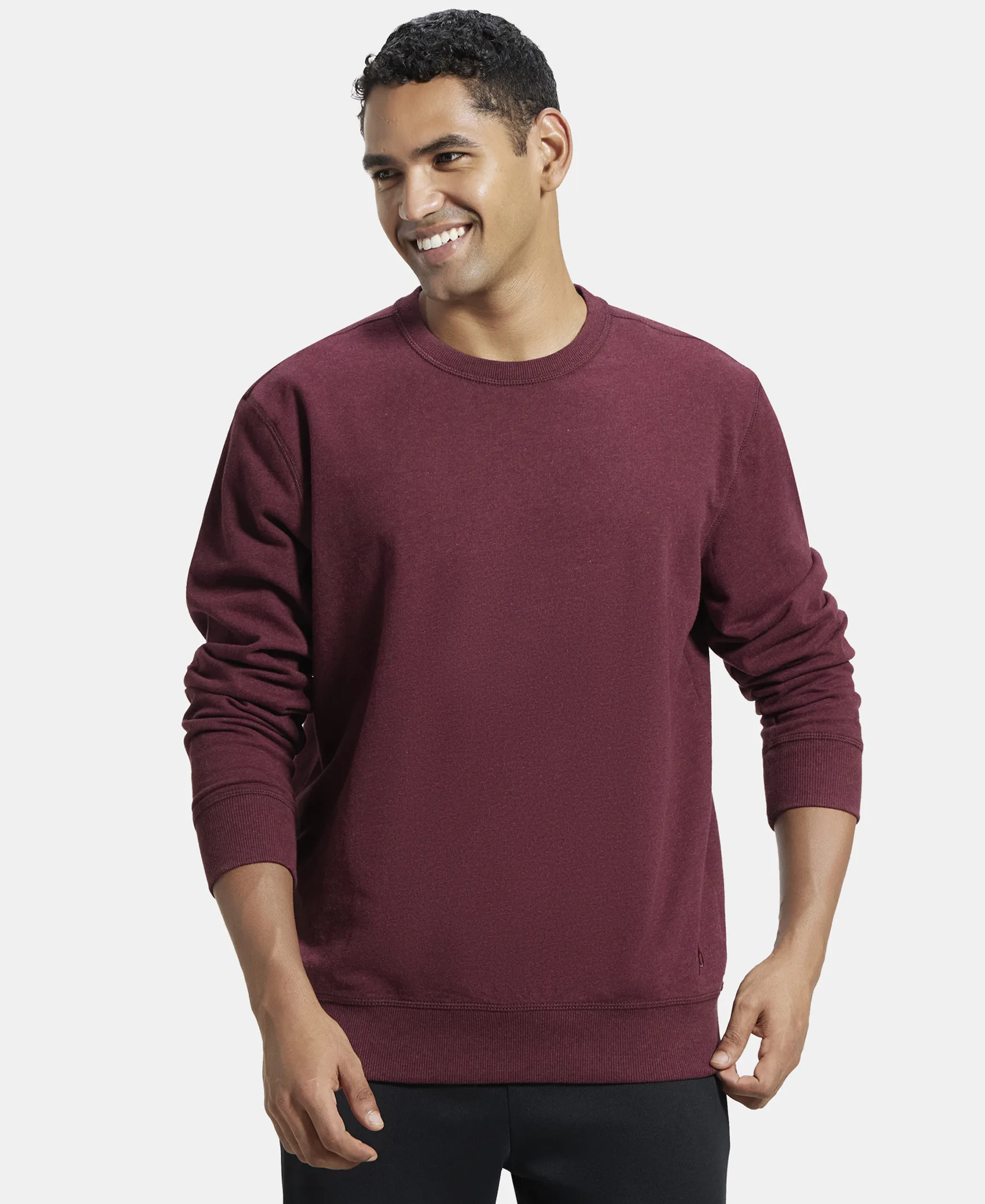 Super Combed Cotton French Terry Solid Sweatshirt with Ribbed Cuffs - Burgundy Melange - Image 6