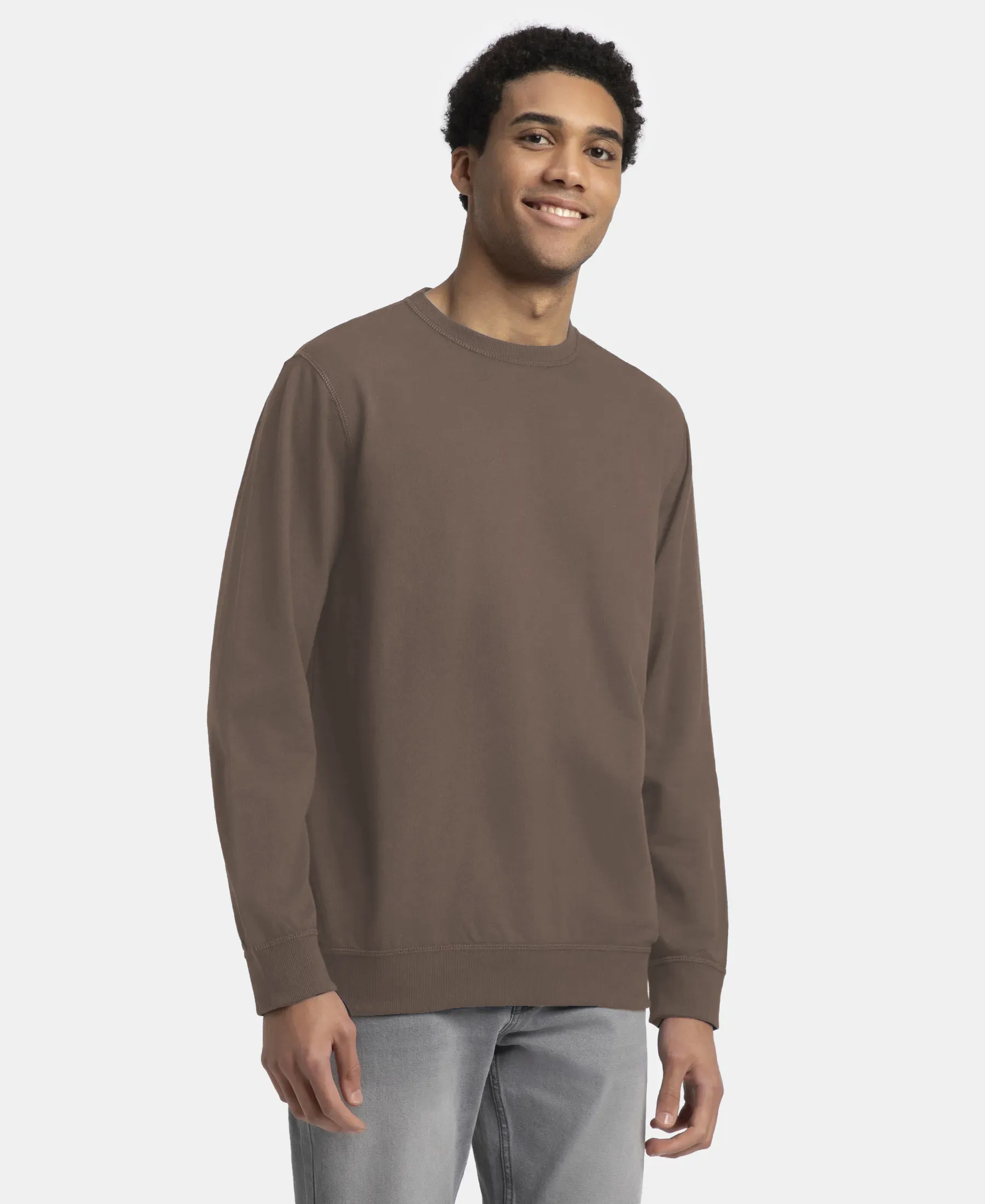 Super Combed Cotton French Terry Solid Sweatshirt with Ribbed Cuffs - Dark Khaki - Image 2