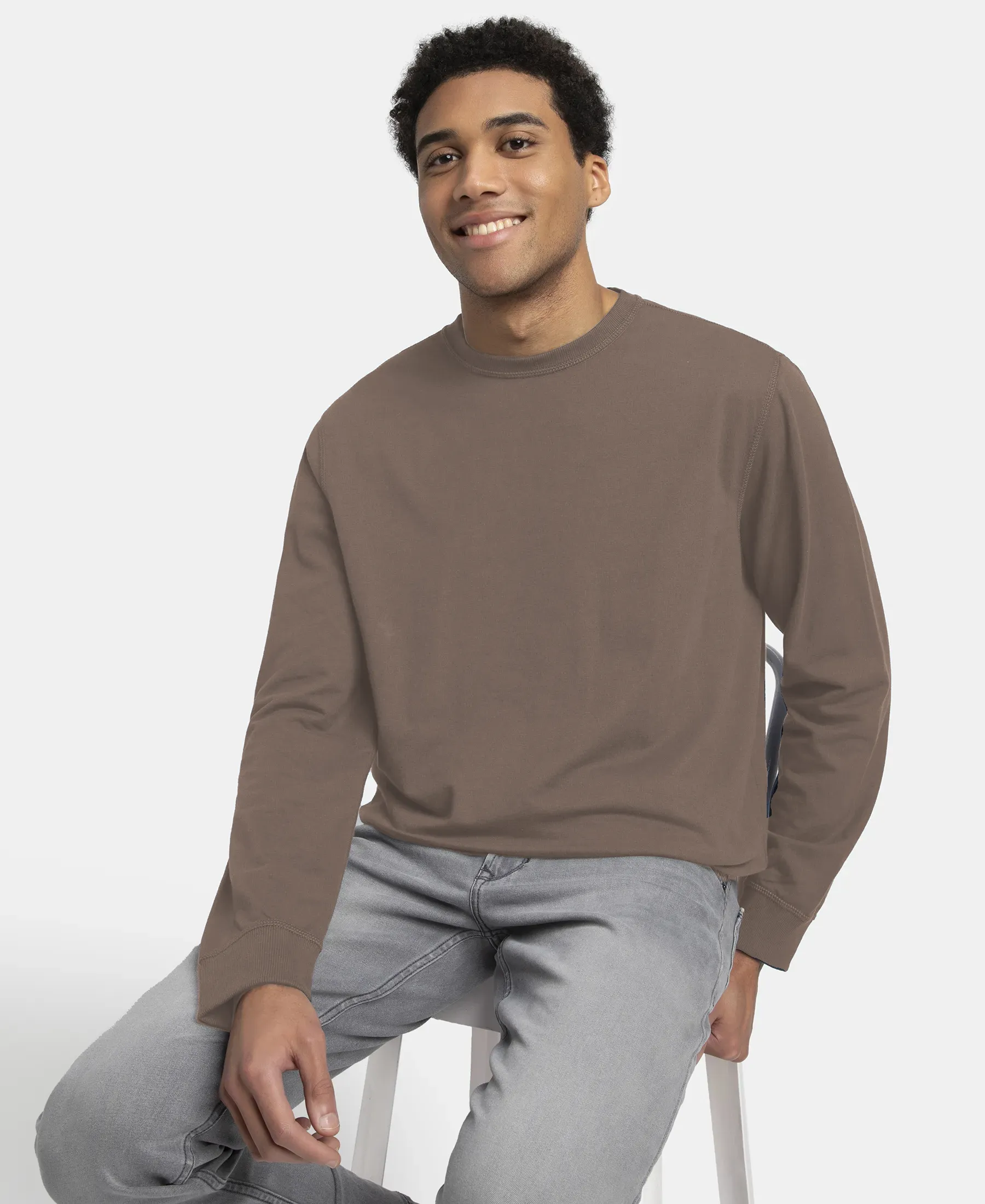 Super Combed Cotton French Terry Solid Sweatshirt with Ribbed Cuffs - Dark Khaki - Image 5