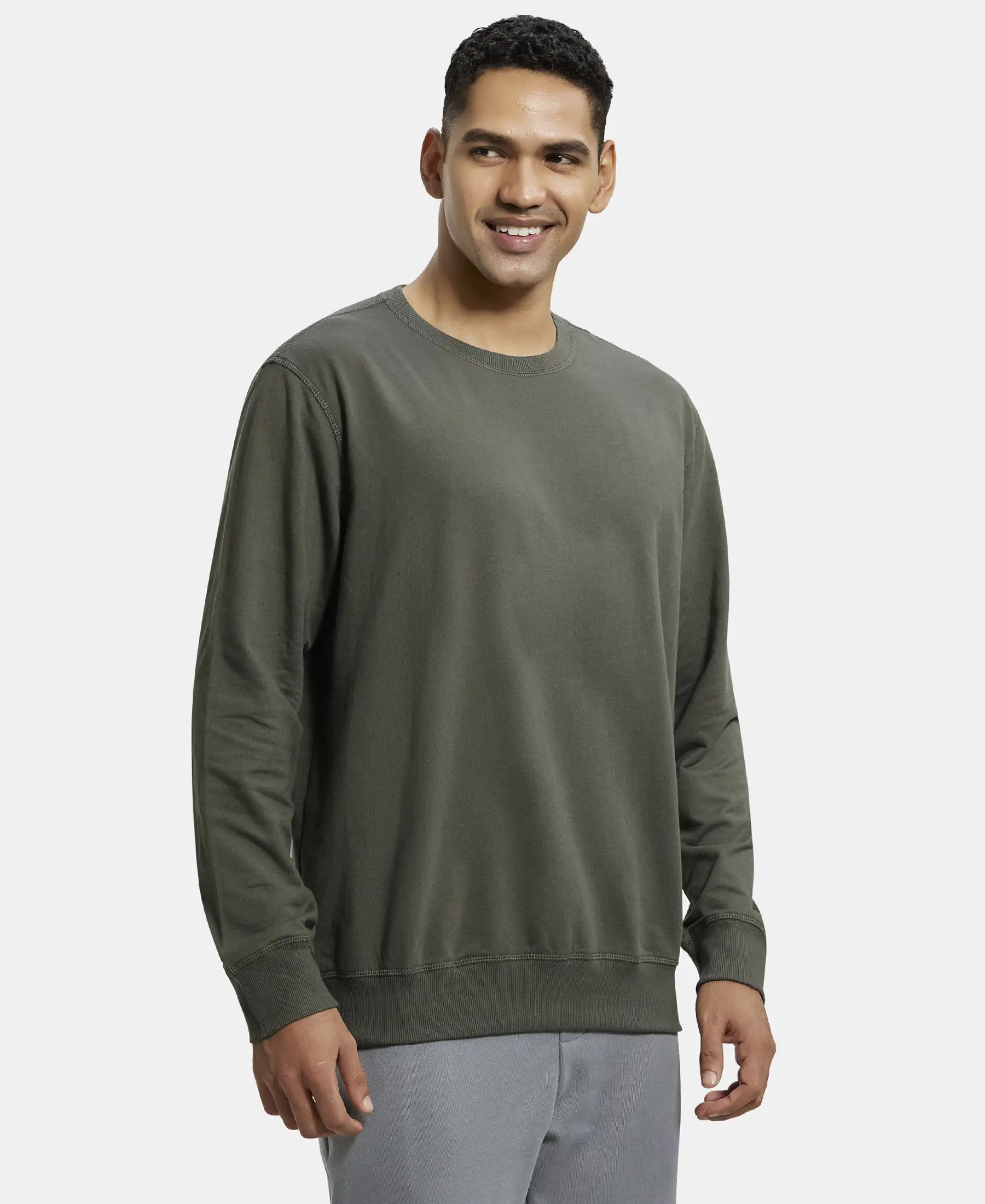 Super Combed Cotton French Terry Solid Sweatshirt with Ribbed Cuffs - Deep Olive - Image 2