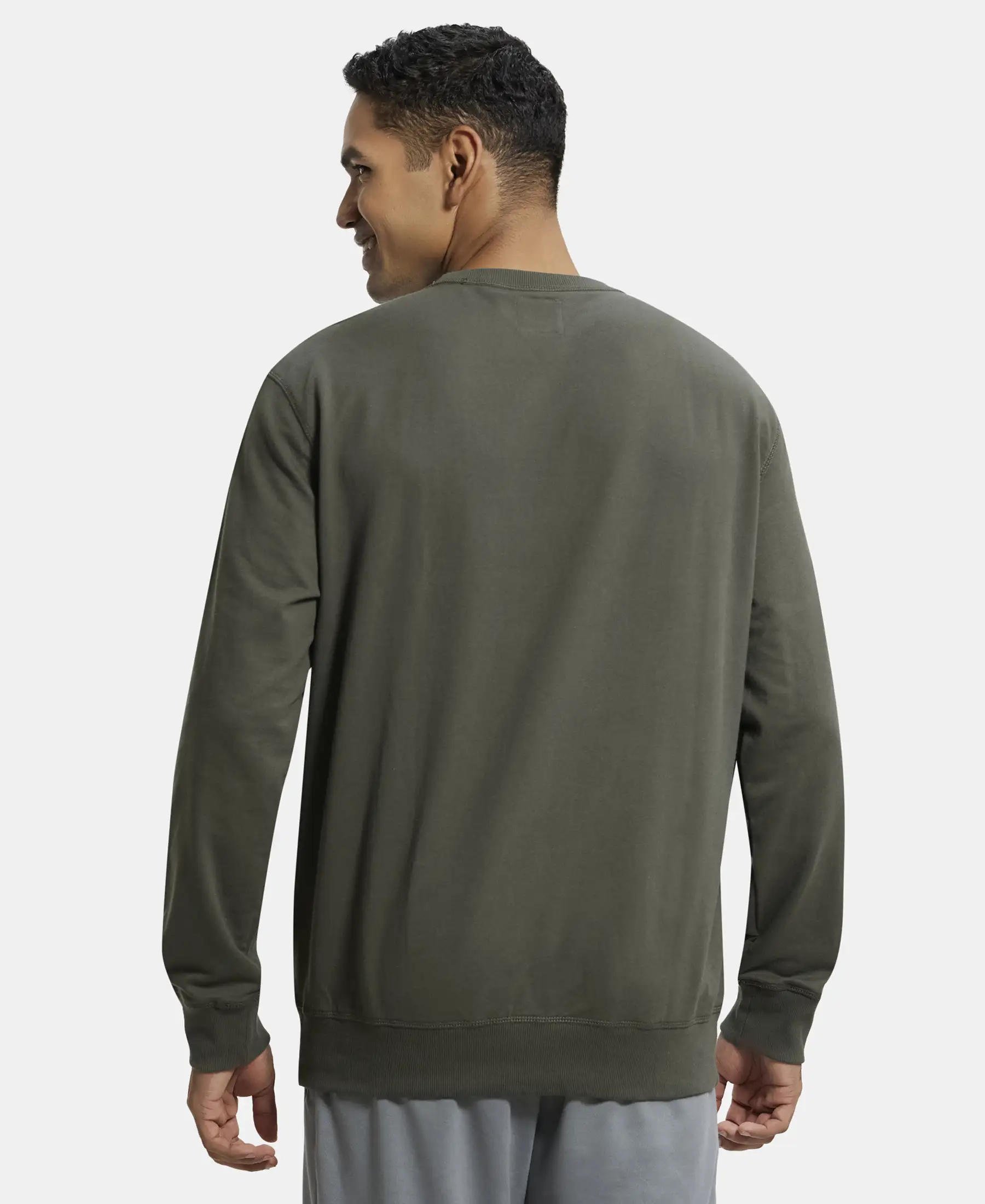 Super Combed Cotton French Terry Solid Sweatshirt with Ribbed Cuffs - Deep Olive - Image 3