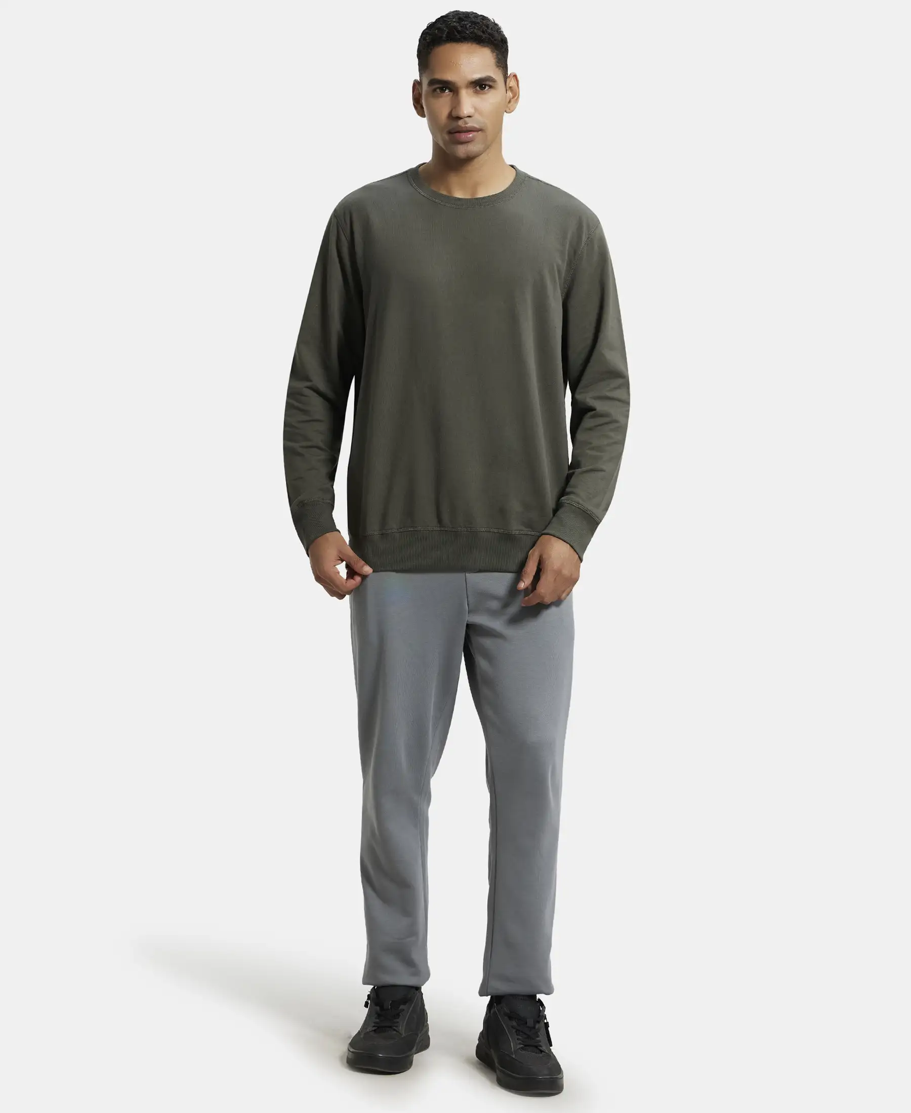 Super Combed Cotton French Terry Solid Sweatshirt with Ribbed Cuffs - Deep Olive - Image 4