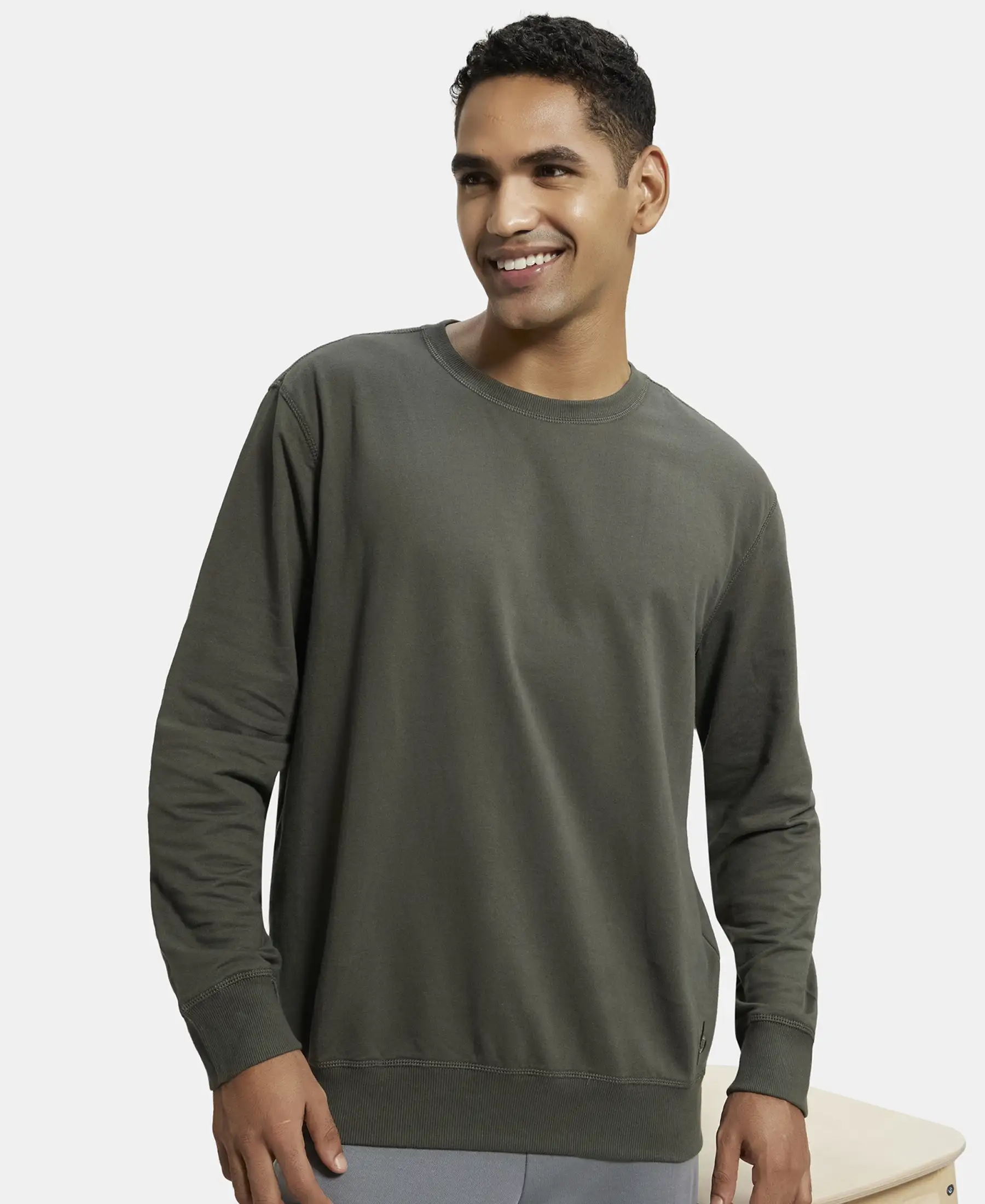 Super Combed Cotton French Terry Solid Sweatshirt with Ribbed Cuffs - Deep Olive - Image 5