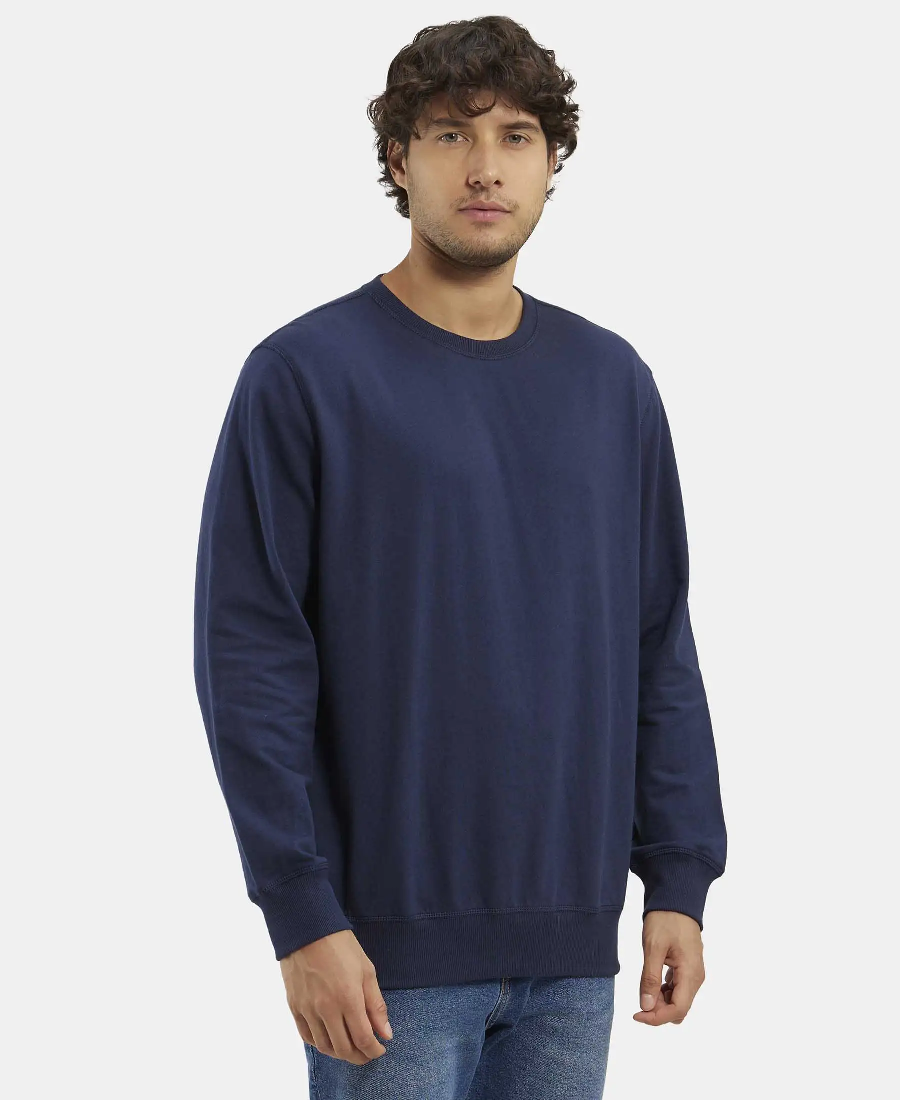 Super Combed Cotton French Terry Solid Sweatshirt with Ribbed Cuffs - Navy - Image 2
