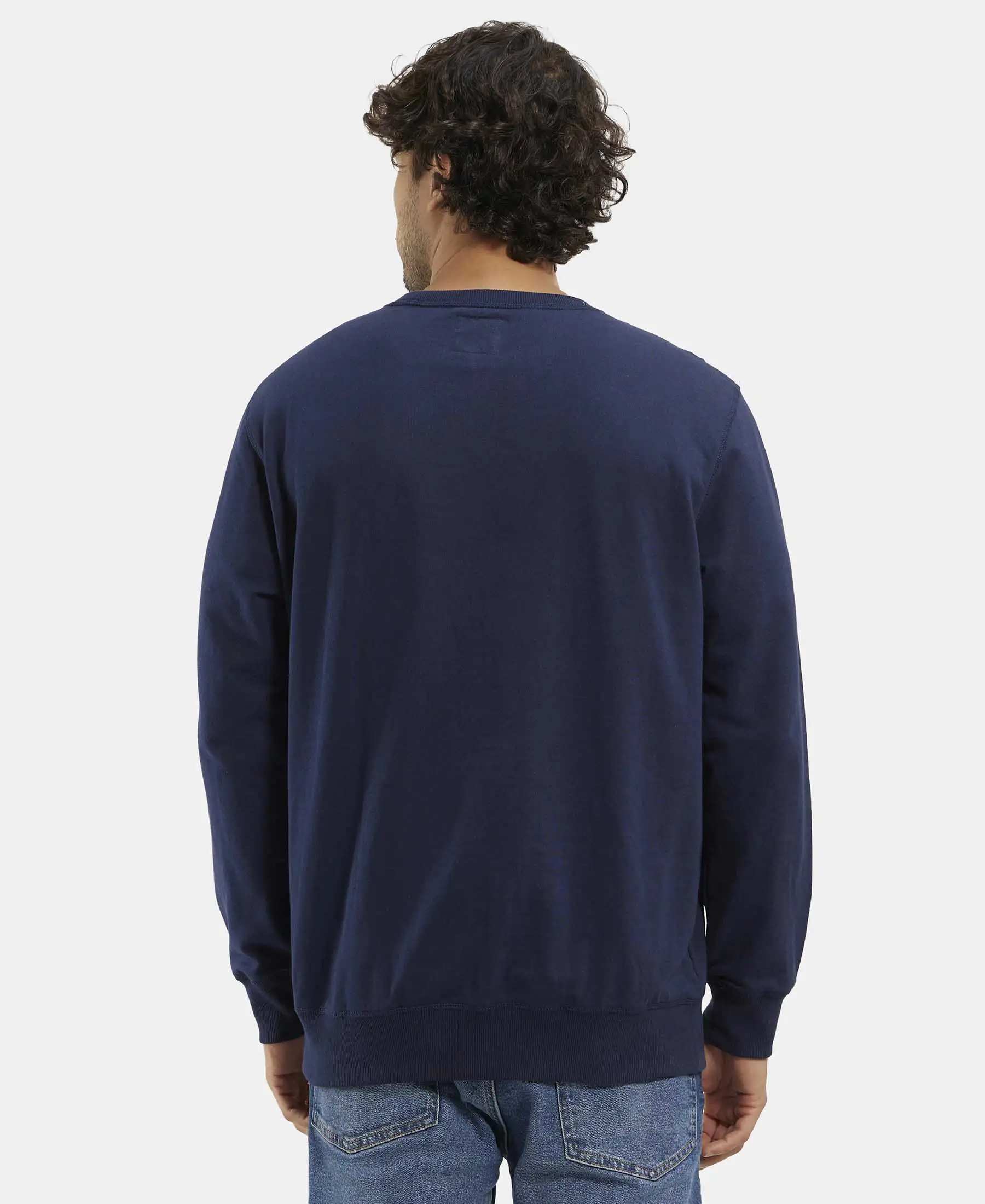 Super Combed Cotton French Terry Solid Sweatshirt with Ribbed Cuffs - Navy - Image 3