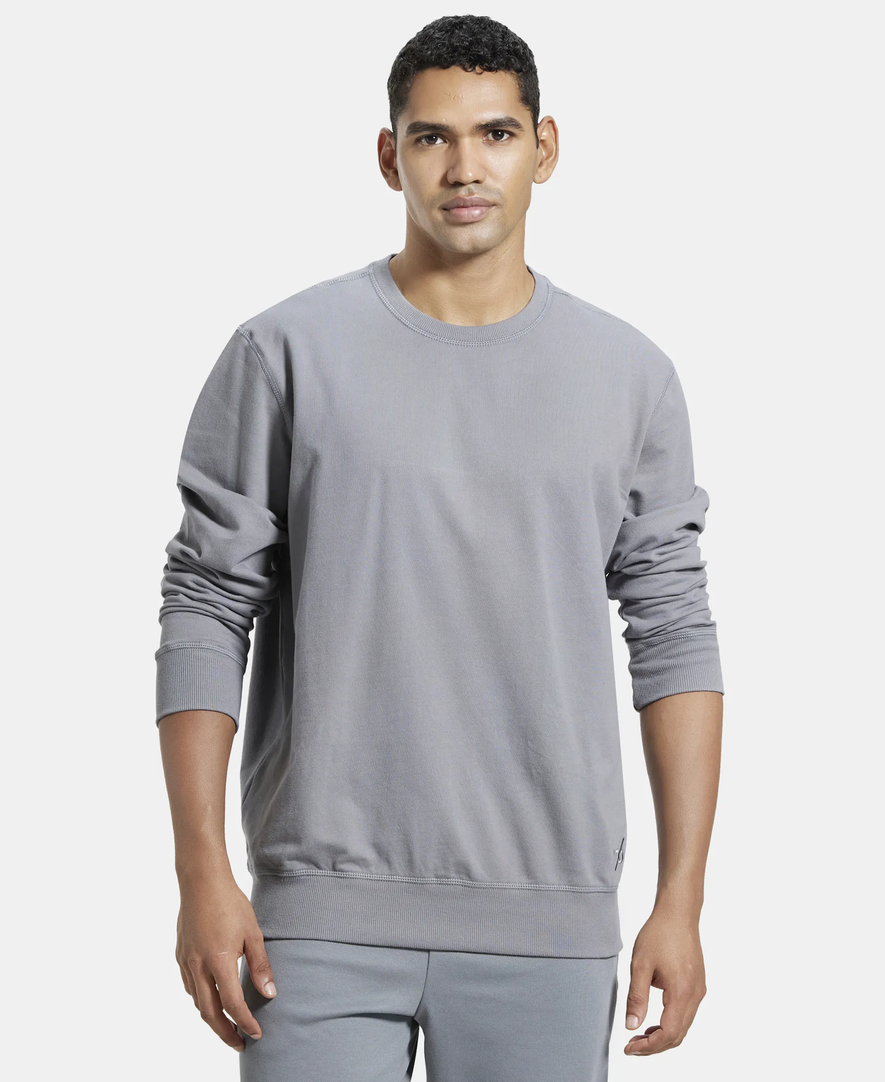 Super Combed Cotton French Terry Solid Sweatshirt with Ribbed Cuffs - Performance Grey