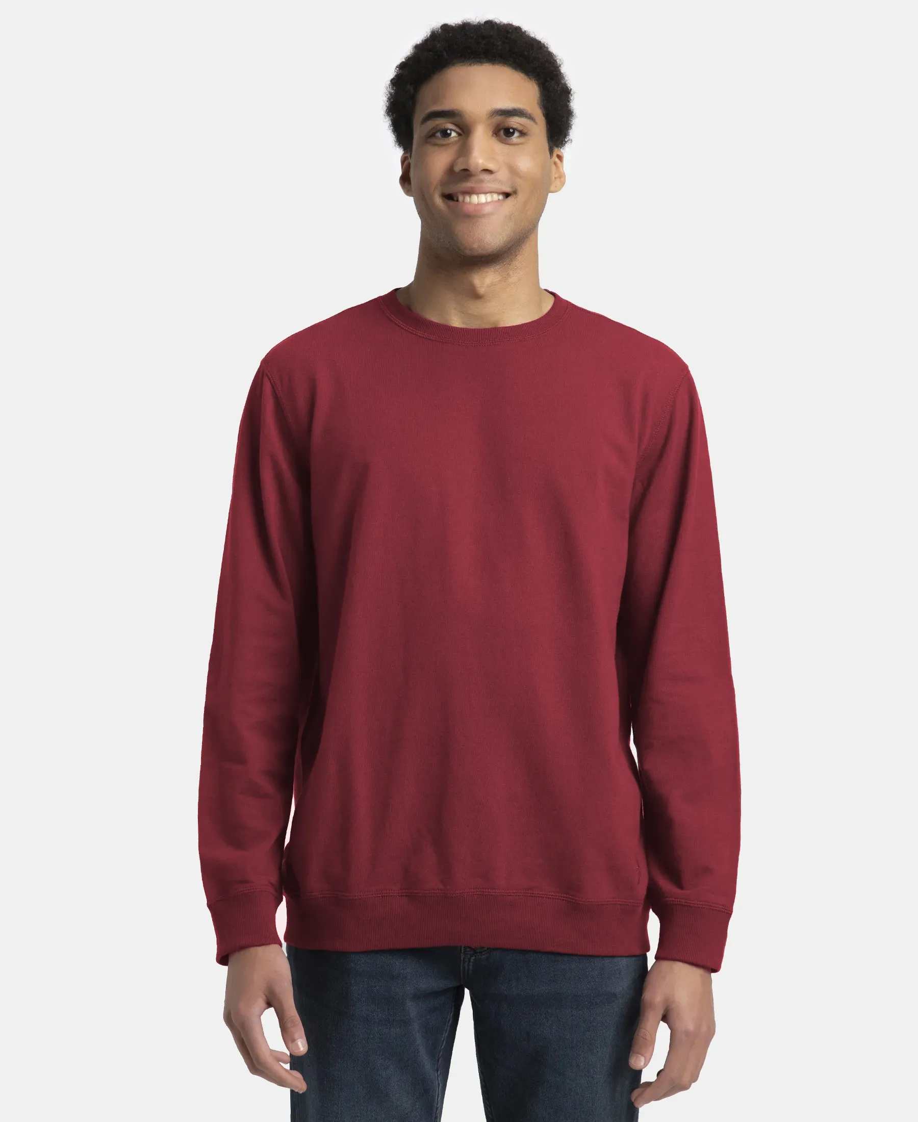 Super Combed Cotton French Terry Solid Sweatshirt with Ribbed Cuffs - Pomegranate