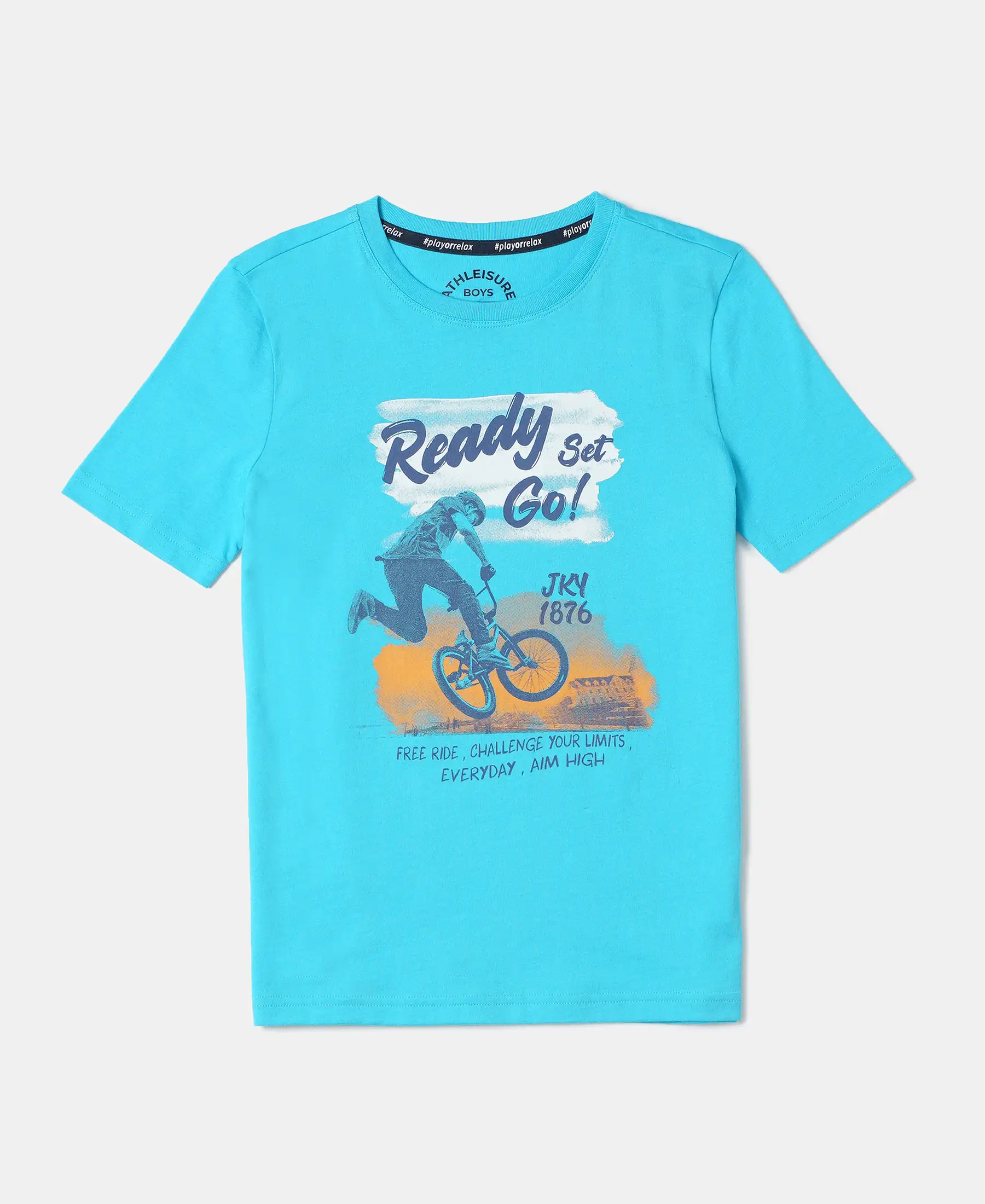Boy's Super Combed Cotton Graphic Printed Half Sleeve T-Shirt - Scuba Blue Printed