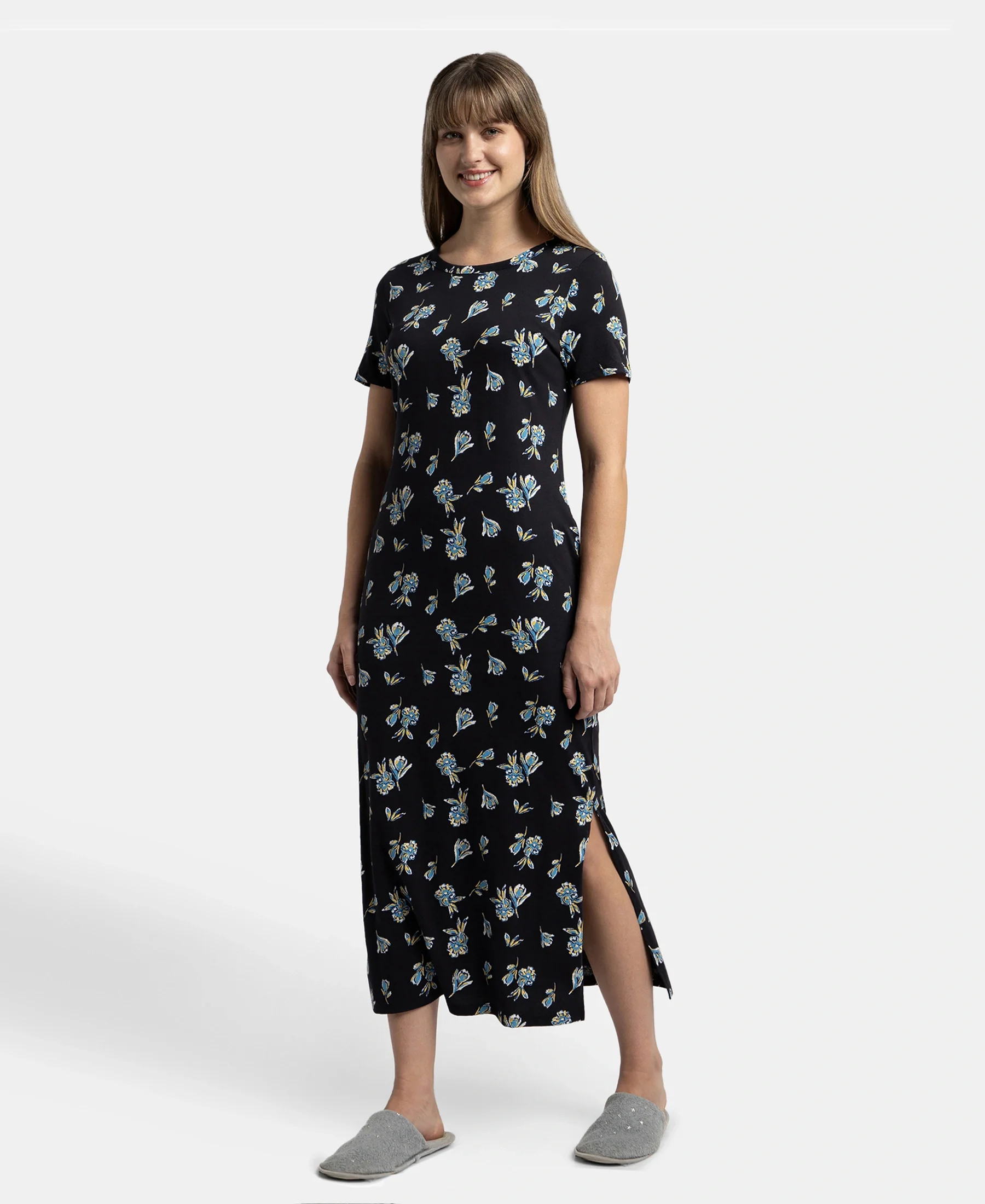 Super Combed Cotton Long Length Printed Lounge Dress - Black - Image 2