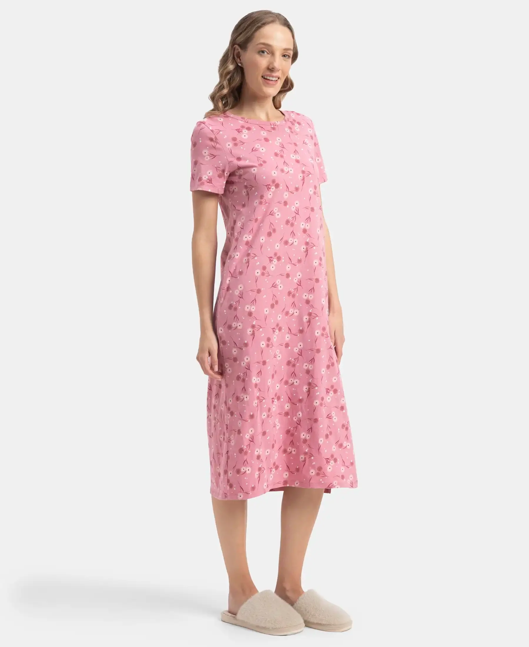 Super Combed Cotton Long Length Printed Lounge Dress - Cashmere Rose - Image 2