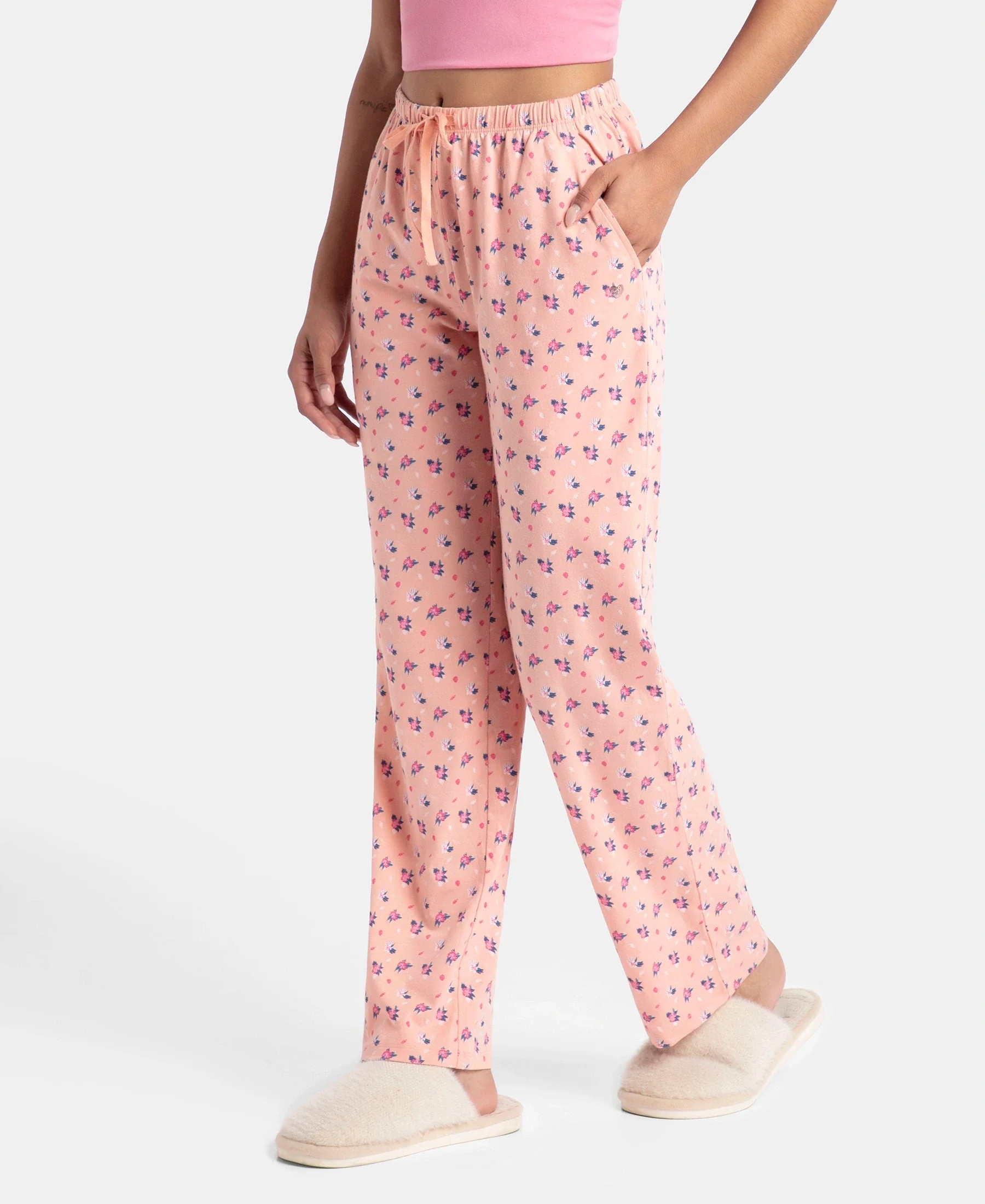 Super Combed Cotton Printed Pyjama with Side Pockets - Coral Almond - Image 2