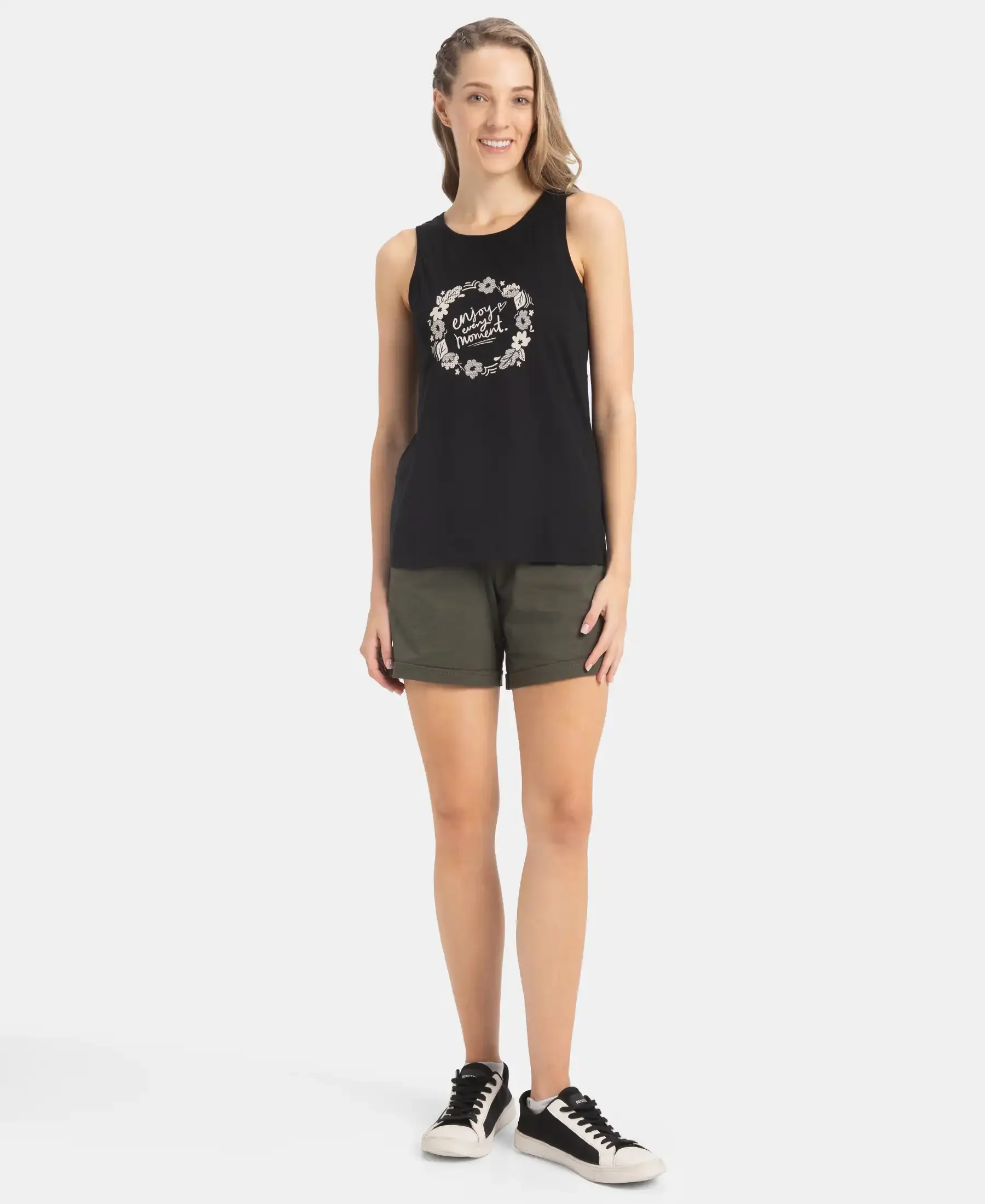 Super Combed Cotton Relaxed Fit Printed Racerback Styled Tank Top - Black - Image 4