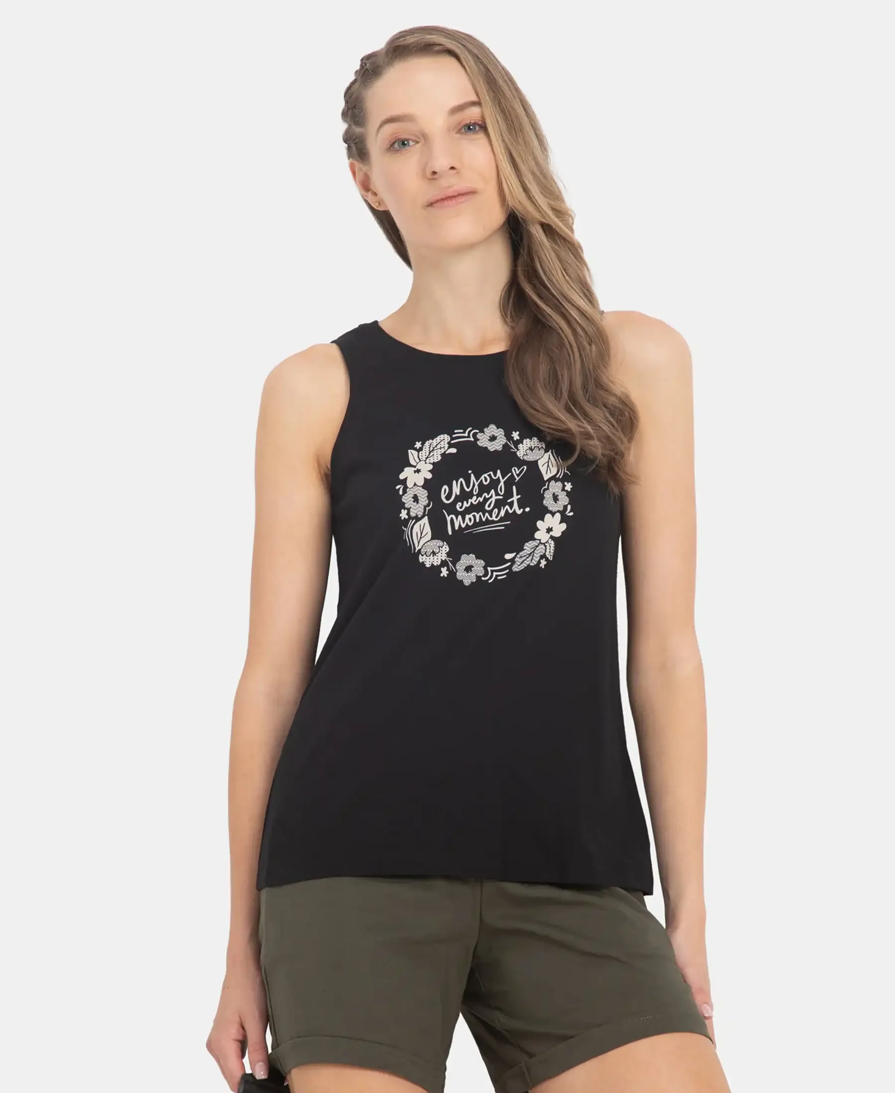 Super Combed Cotton Relaxed Fit Printed Racerback Styled Tank Top - Black - Image 5