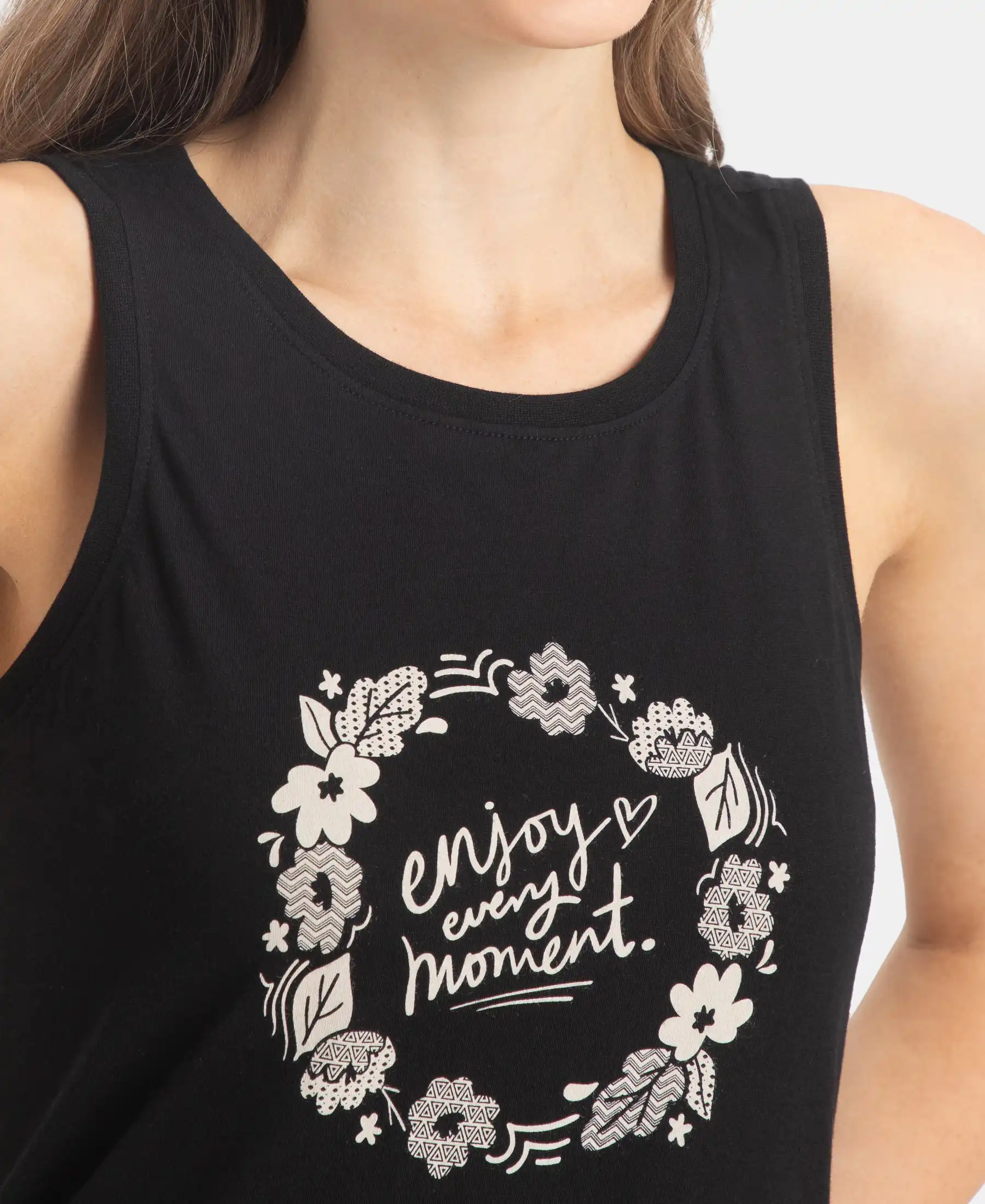 Super Combed Cotton Relaxed Fit Printed Racerback Styled Tank Top - Black - Image 7
