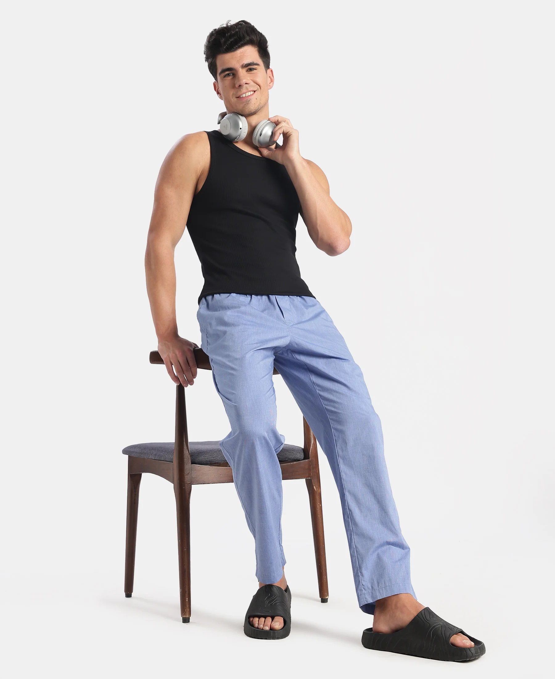 Super Combed Cotton Relaxed Fit Pyjama with Side Pockets - Blue Chambray - Image 6
