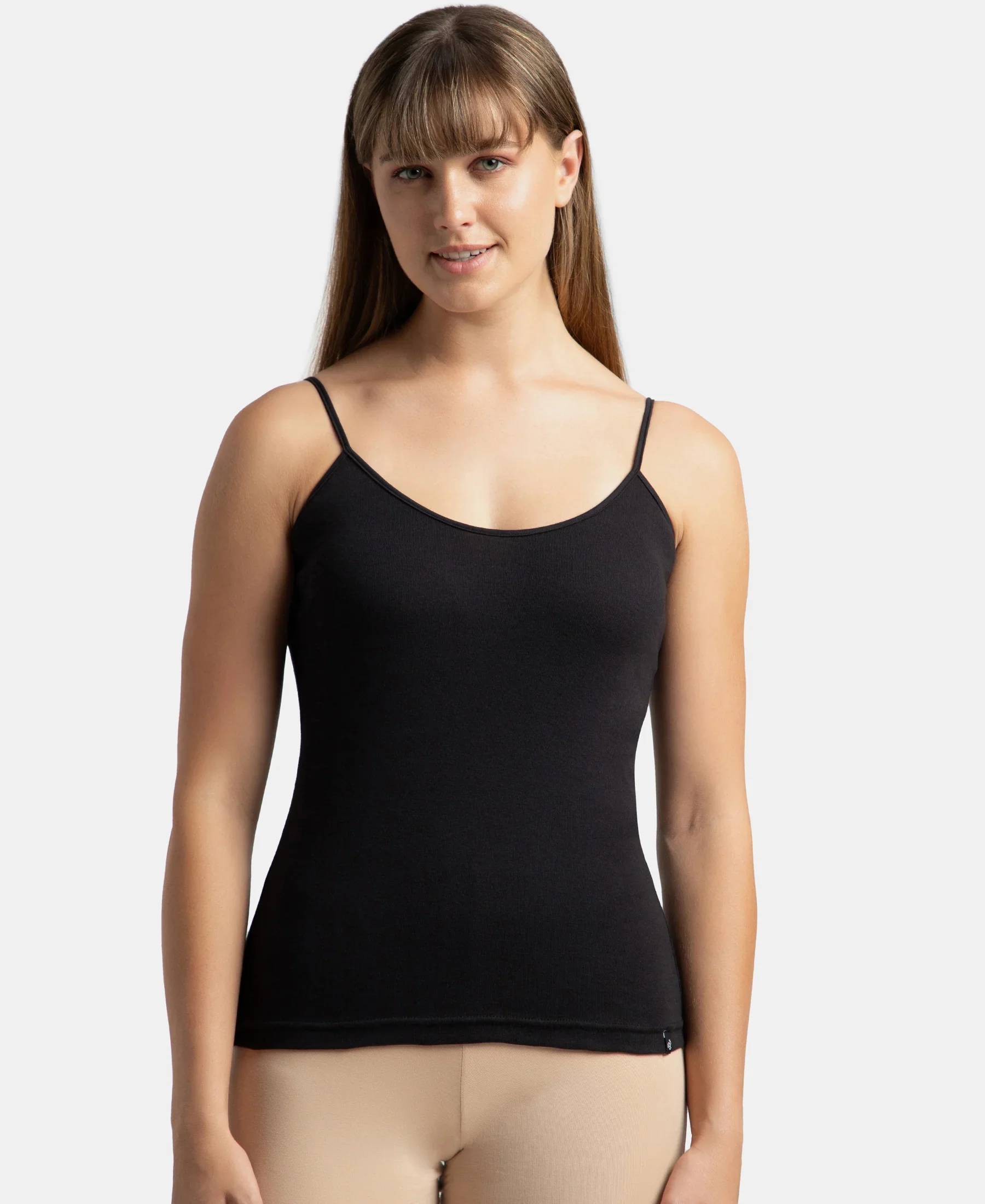 Super Combed Cotton Rib Camisole with Adjustable Straps and StayFresh Treatment - Black & Light Skin (Pack of 2) - Image 2